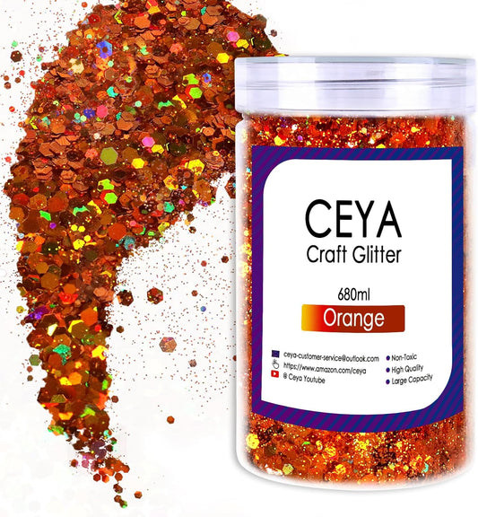 Ceya Holographic Chunky Glitter, 1 LB/ 16OZ Laser Orange Bulk Craft Glitter Mixed Chunky Fine Glitter Bottled Metallic Flake Nail Sequins for Resin, Tumblers, Scrapbooking, Festival Decor, Art Project