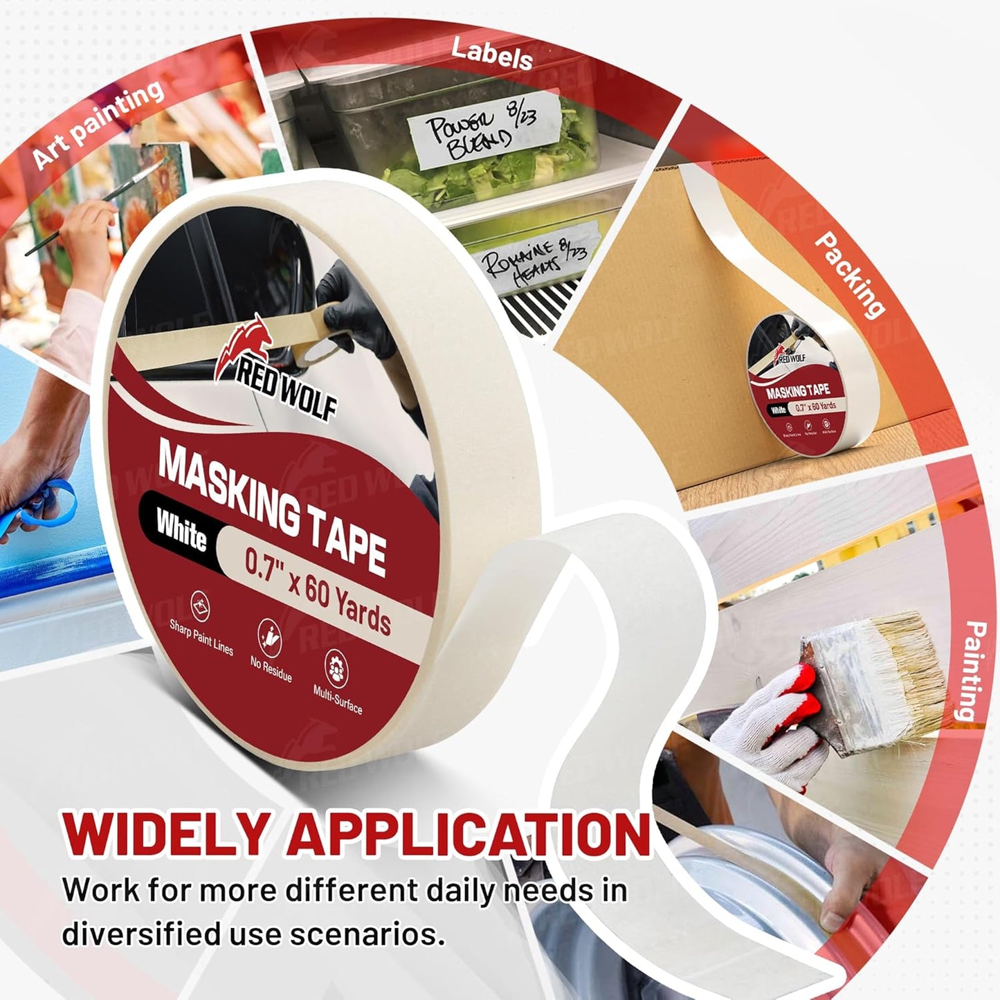 RED WOLF 6 Pack Masking Tape 0.7" x 60 Yards, General Purpose for Painting Arts Crafts Label Car Painting, Sharp Paint Line No Residue Painters Tape White Beige Crepe Paper Tape Heat Resistance