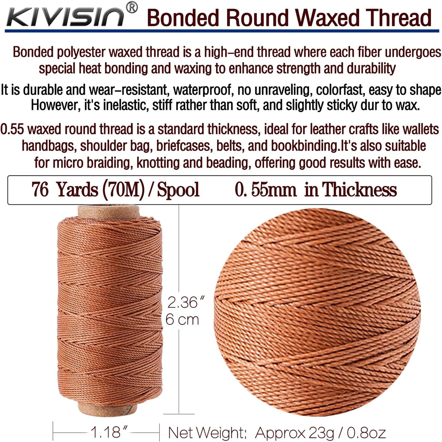Round Polyester Waxed Thread 0.55mm, 12 Neutral Colors 76 Yards/Spool Wax Coated String Thin Cord for Leather Upholstery Sewing, Stitching, Bookbinding, Beading, Micro Knotting and Braiding