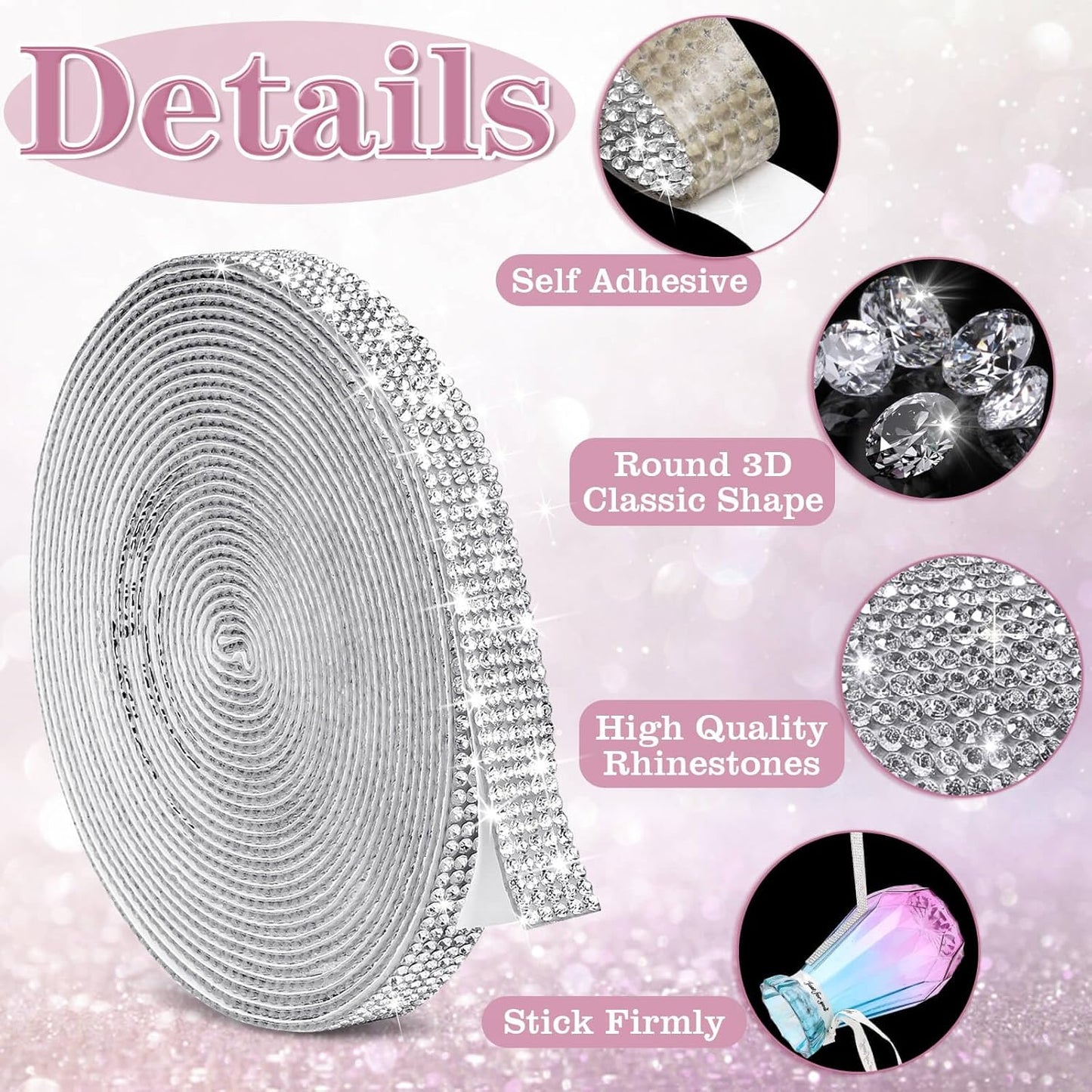 5 Yards Self Adhesive Rhinestone Ribbons, Sliver Rhinestone Strips, Diamond Crystal Rhinestone Ribbon Roll Stickers Glitter Bling Ribbons Rhinestone for Crafts Fabric Car Shoes Décor