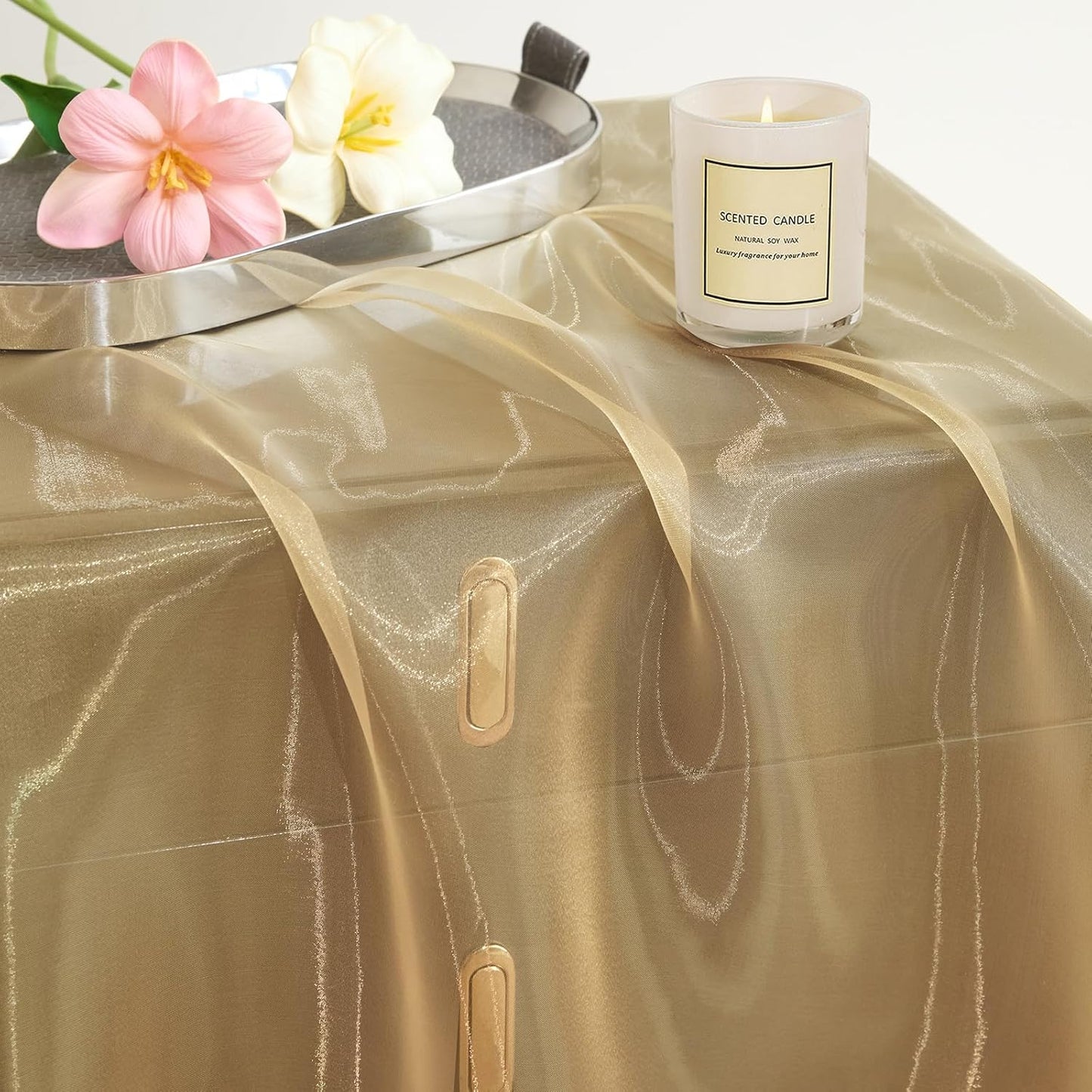 P Pothuiny Sheer Organza Fabric by The Yard, 3 Yards x 60 Inch Wide Bridal Champagne Organza Tulle Fabric Roll Shiny Gauze Fashion Dress Sewing Craft for Wedding Party Decorations Backdrop