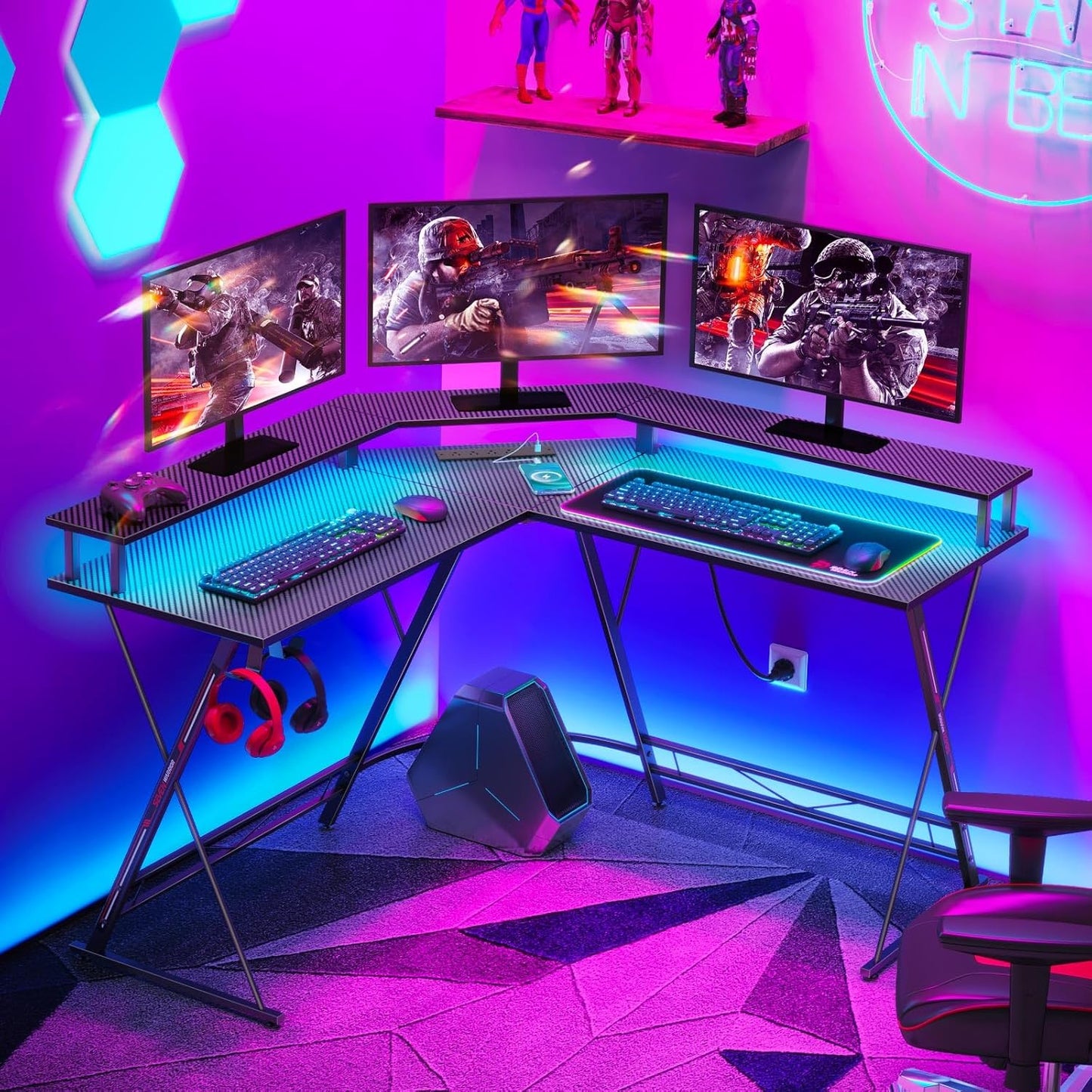 SEVEN WARRIOR L Shaped Gaming Desk with LED Lights & Power Outlets, 50.4” Computer Desk with Monitor Stand, Corner Desk with Carbon Fiber Surface, Gaming Table with Hooks, Black