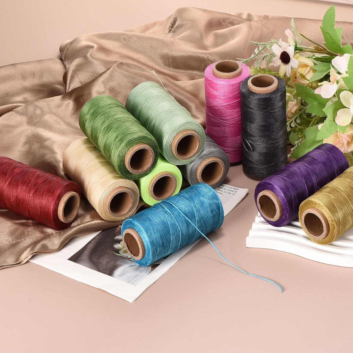 MECCANIXITY Waxed Thread,284 Yard 0.8mm 150D Flat Wax Thread Polyester Waxed String for Leather Sewing Hand Weaving Book Binding Home Decoration,Beige