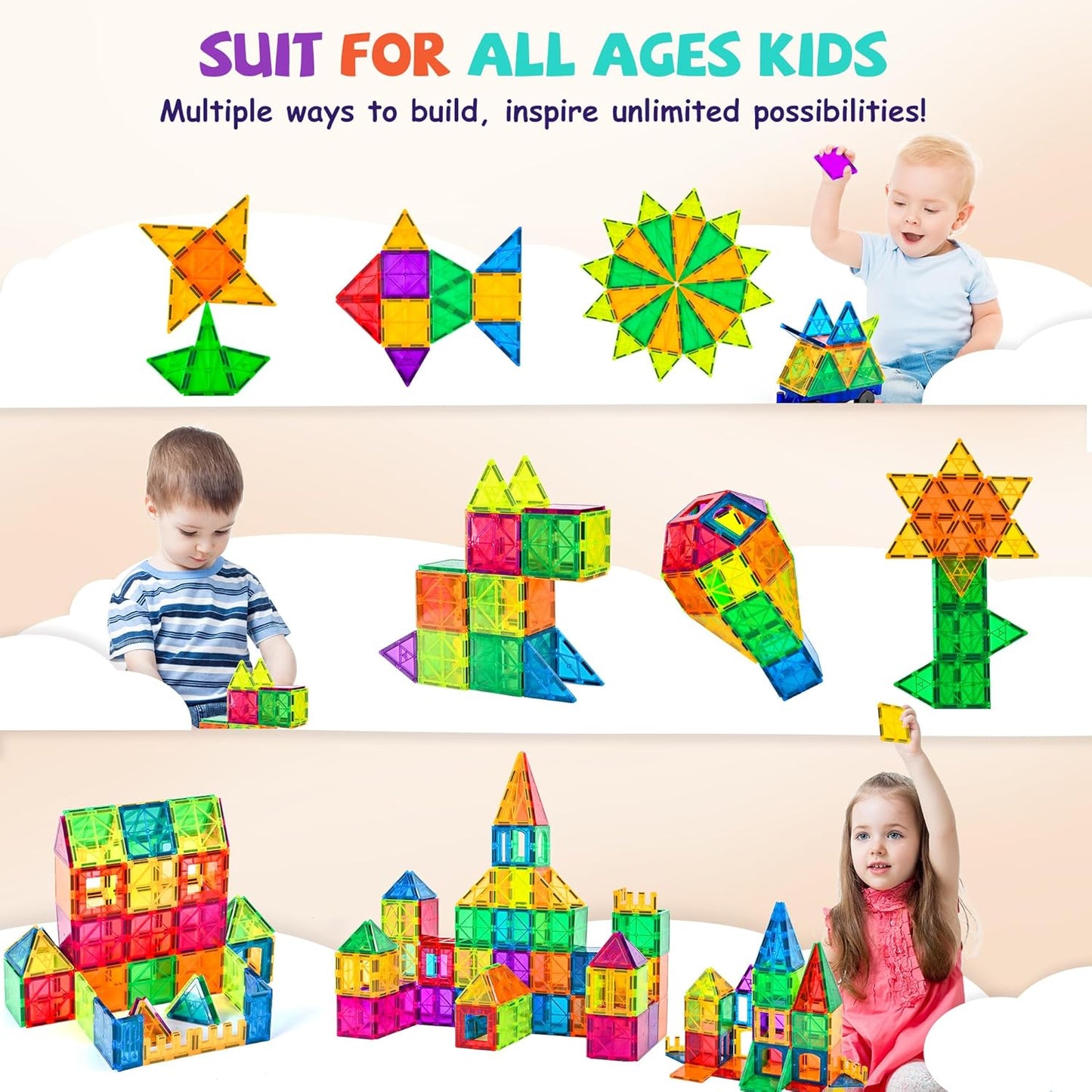 cossy 60 Pcs Magnet Tiles Magnetic 3D Building Blocks Set Educational Construction Toys for 3+ Year Kids with Stronger Magnets, Rivets-Fastened, Educational,Recreational, Conventional