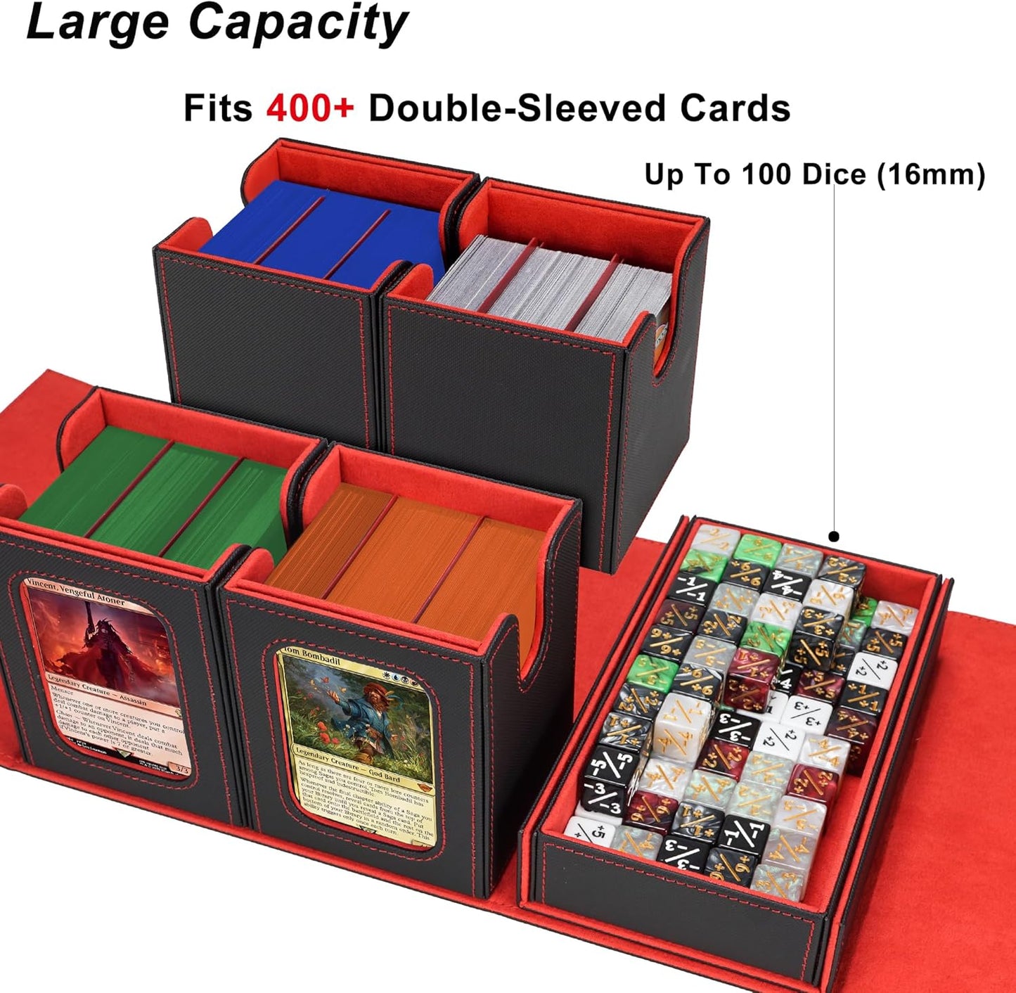 AFIING Commander Deck Box for MTG/EDH, Trading Card Storage Fits 400+ Double-Sleeved Cards, Display Window, 4 Removable Deck Cases, 8 Dividers, Dice Tray & Handle, 4 Toploader Holders (Black Red)
