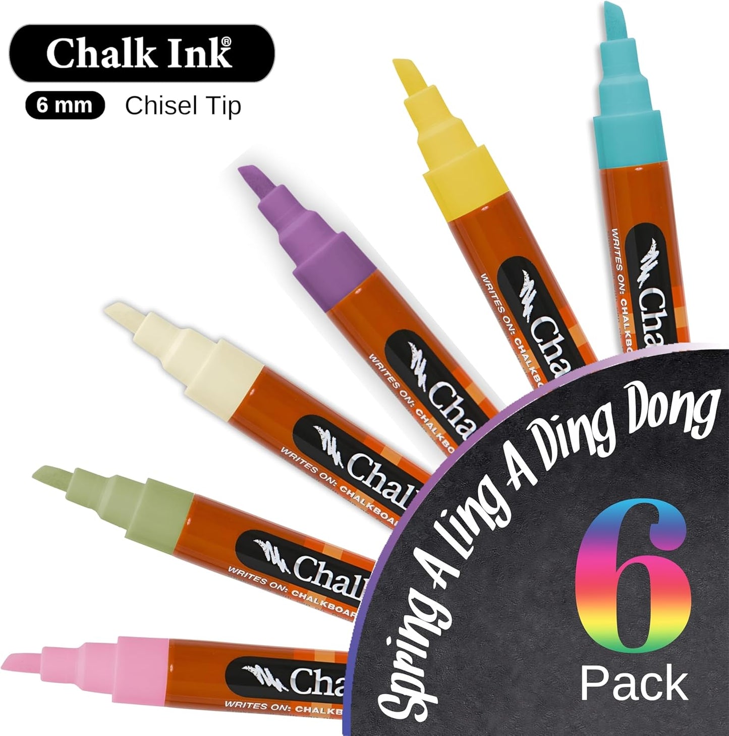 Chalk Ink Chisel Tip Wet Wipe Chalk Markers (6mm, Spring-a-Ling-a-Ding-Dong, 6 Pack)