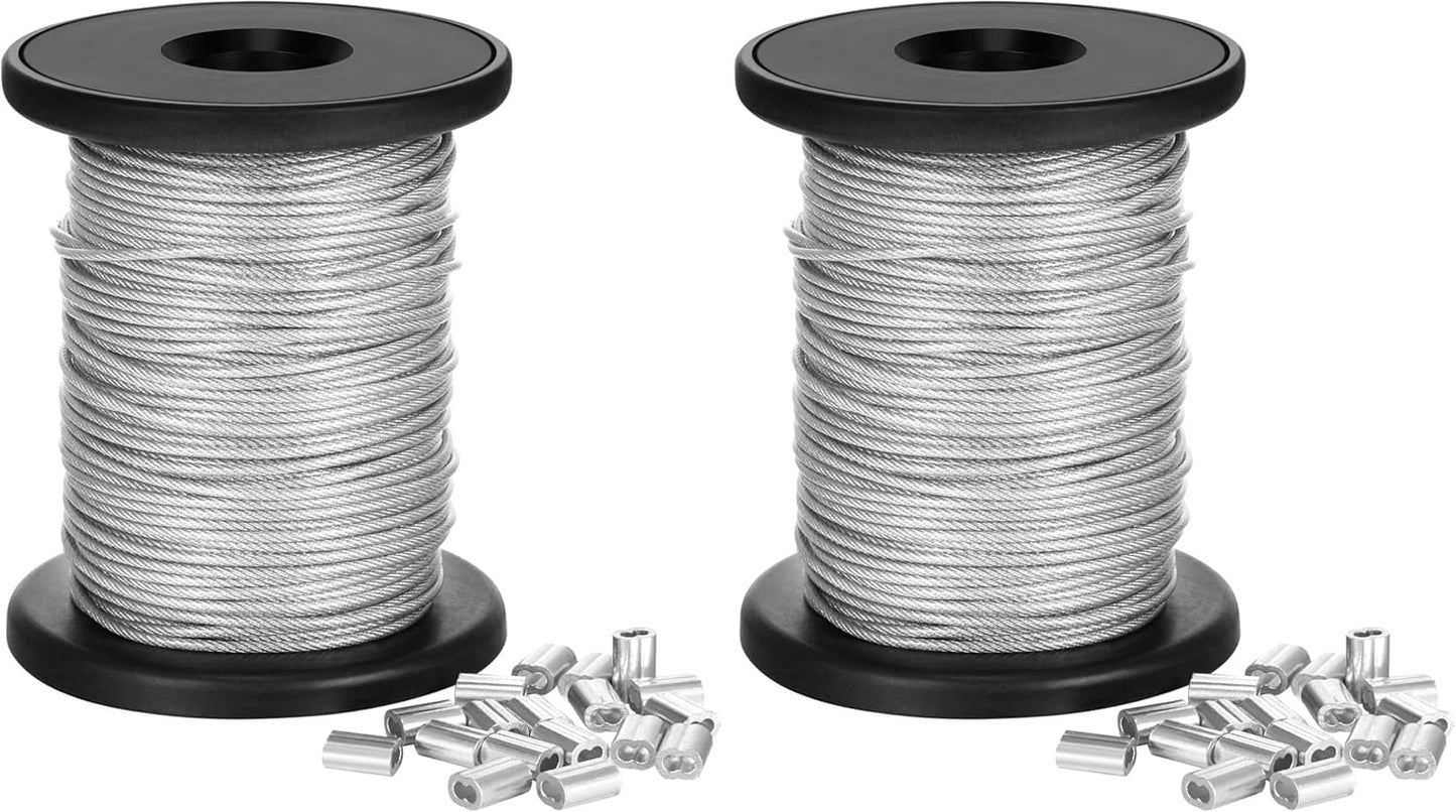 Chengu Vinyl Coated Picture Frame Hanging Wire, Stainless Steel Wire Spool with 20 Pieces Aluminum Crimping Loop Sleeve, Supports up to 110 Lbs (1.5 mm x 98 Feet) (Pack of 2)