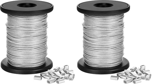 Chengu Vinyl Coated Picture Frame Hanging Wire, Stainless Steel Wire Spool with 20 Pieces Aluminum Crimping Loop Sleeve, Supports up to 110 Lbs (1.5 mm x 98 Feet) (Pack of 2)