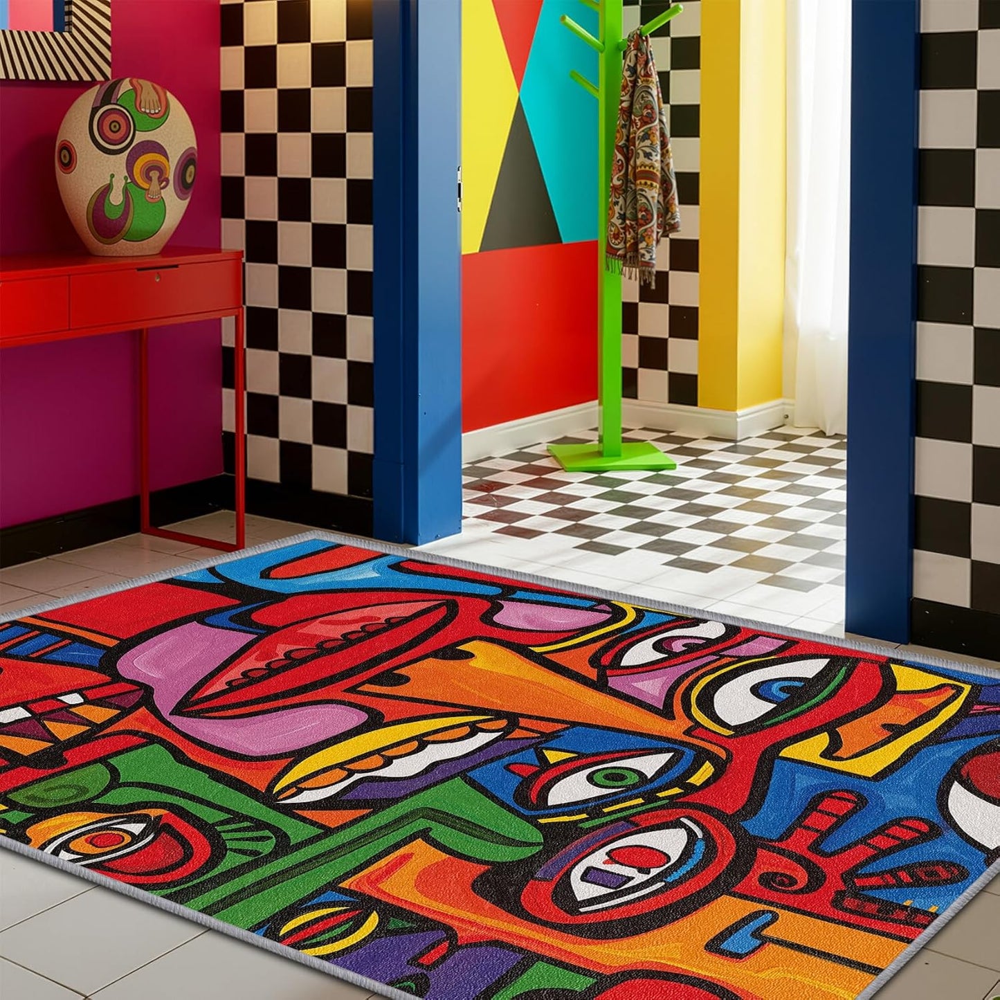 Abstract Rugs for Bedroom - 4x5 Rug - Abstract Rug - Colorful Graffiti Area Rug - Modern Geometric Pop Art Rugs - Multicolor Artistic Carpet - Home Decor