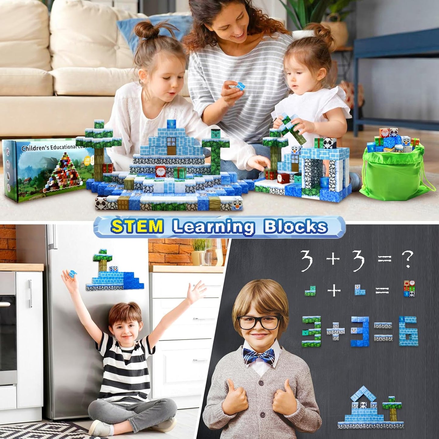 Aleath 100PCS Magnetic Building Blocks-for Kids, Chirstmas Build Magnet World Set for 3-10 Years Old Boys & Girls Magnetic Building Toys for Toddler (Ice)