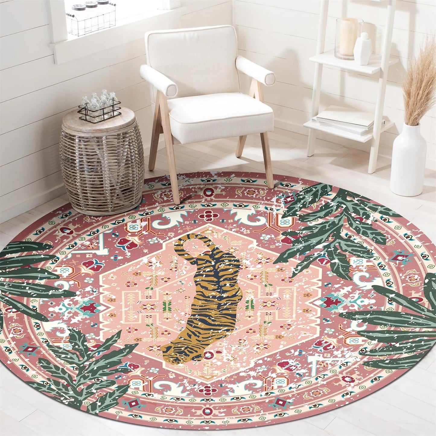 Washable Pink Rugs Thin Oriental Boho Vintage Cute Tropical Leopard 5ft Round Area Rugs for Bedroom Kitchen Dining Living Room Office Indoor Entryway Distressed Nursery Circle Carpet