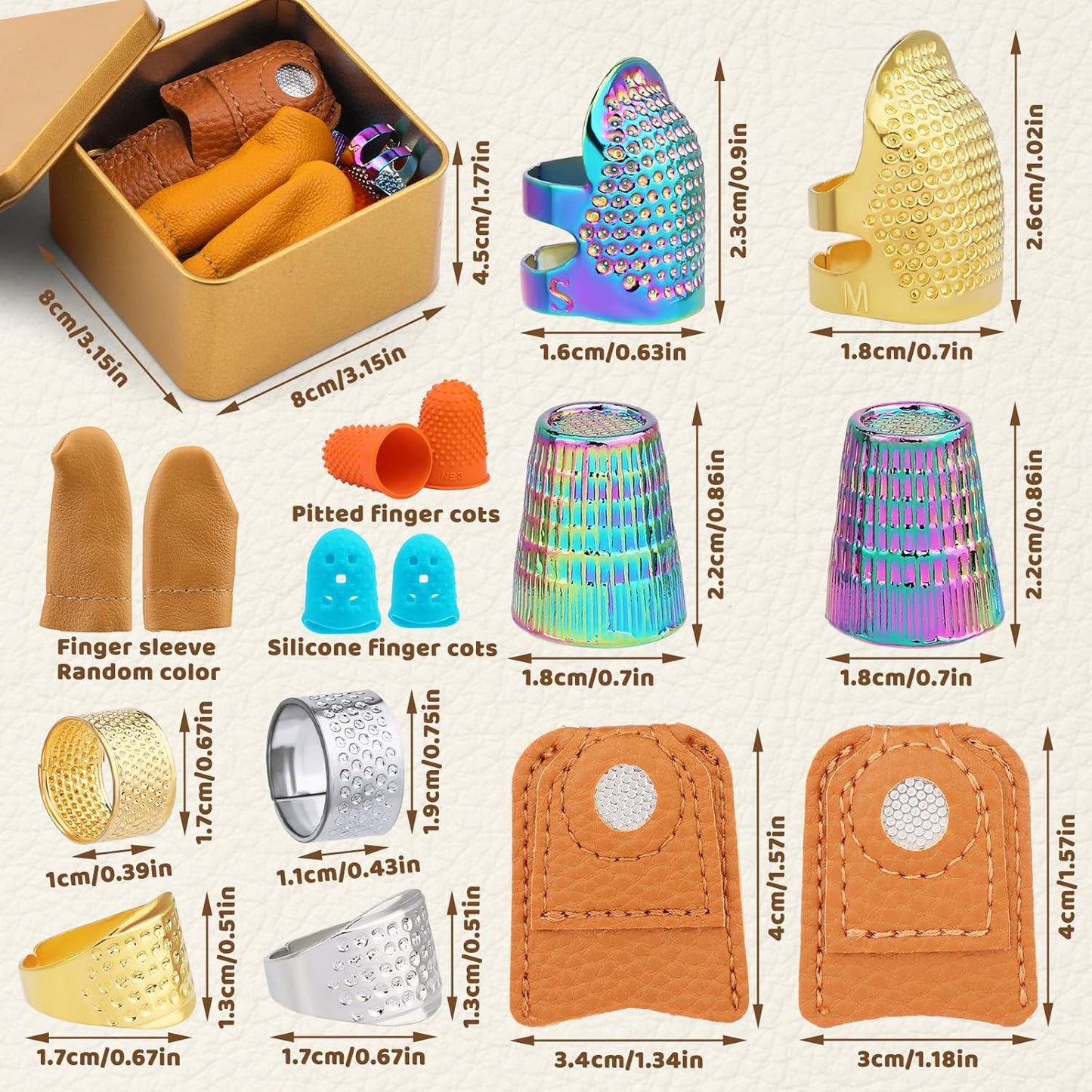 Ftyiwu Sewing Thimble, Hand Sewing Thimble with Storage Box, Adjustable Metal Sewing Thimble, Leather Finger Protector, DIY Hand Sewing Tool Accessories