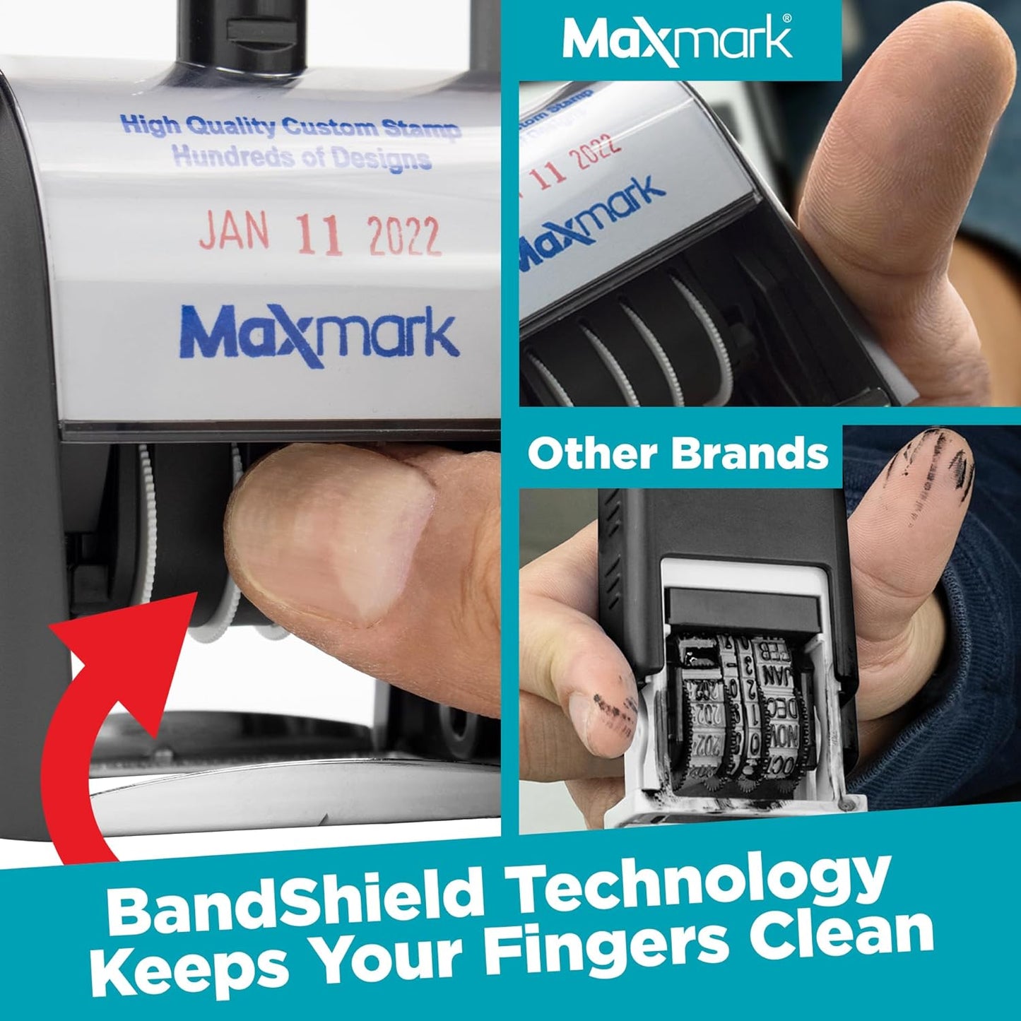 MaxMark Heavy Duty Self Inking Date Stamp with Phrase Scanned - 2 Color Blue/Red Ink