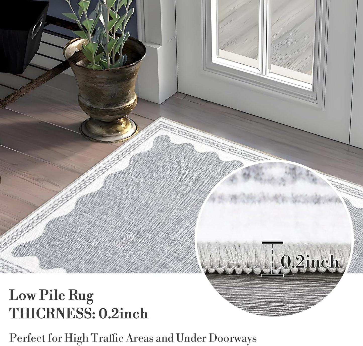 Scalloped Washable Rug 5x7 Area Rugs for Living Room, Solid Grey Rug for Bedroom Girls, Non Slip Scalloped Rug Throw Rugs with Rubber Back, Soft Dorm Nursery Low Pile Carpet for Dining Room