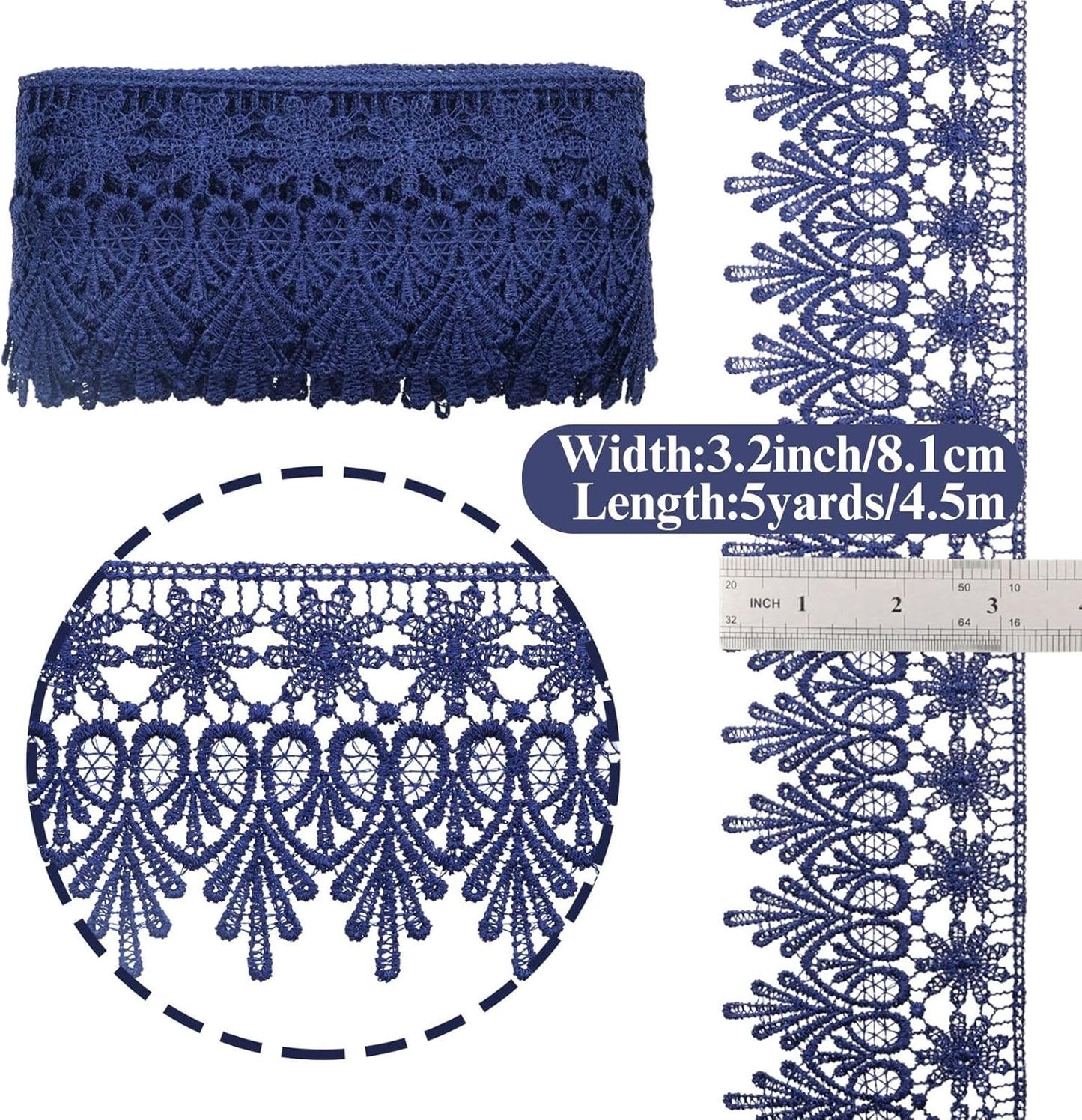 GXTIZAS Navy Blue Lace Trim 5 Yards Wide Venise Lace Ribbon Embroidered Edge Trim for Sewing Crafts Pillow Case