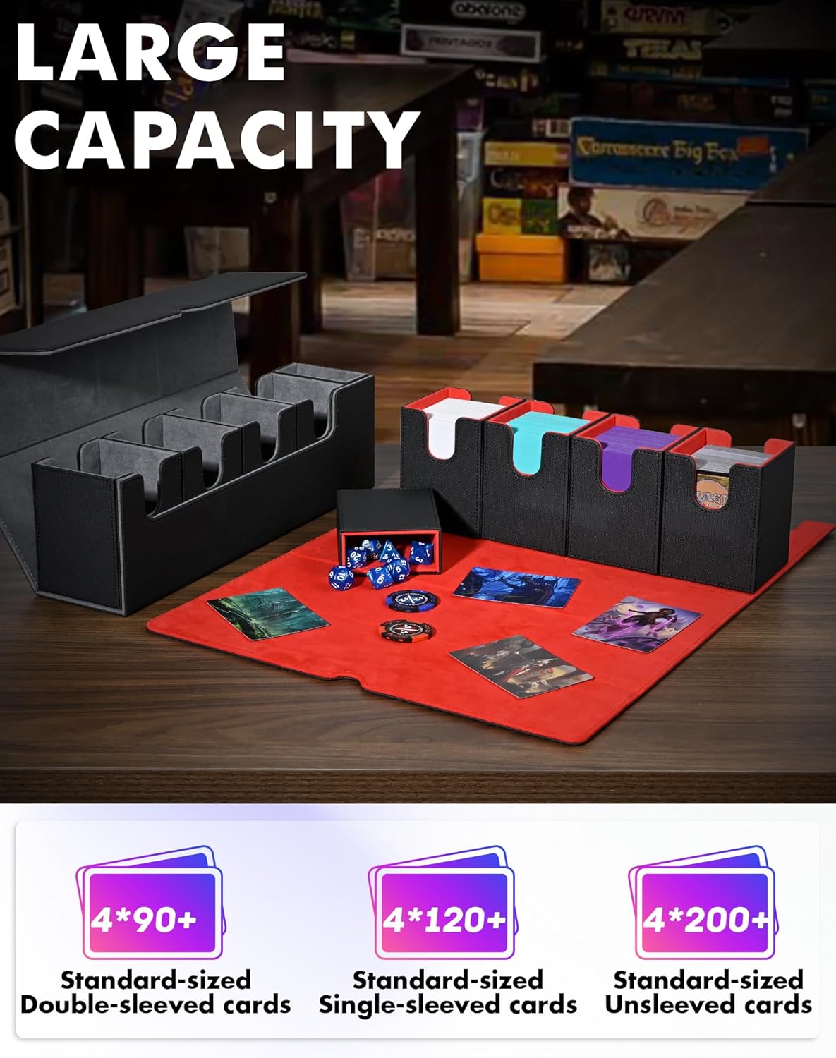 Card Deck Box with Dice Tray for MTG, 5 in 1 Card Deck Case Holds 800+ Unsleeved Cards, Strong Magnet Organizer Compatible with Yugioh TCG Sports Cards (Black Red)