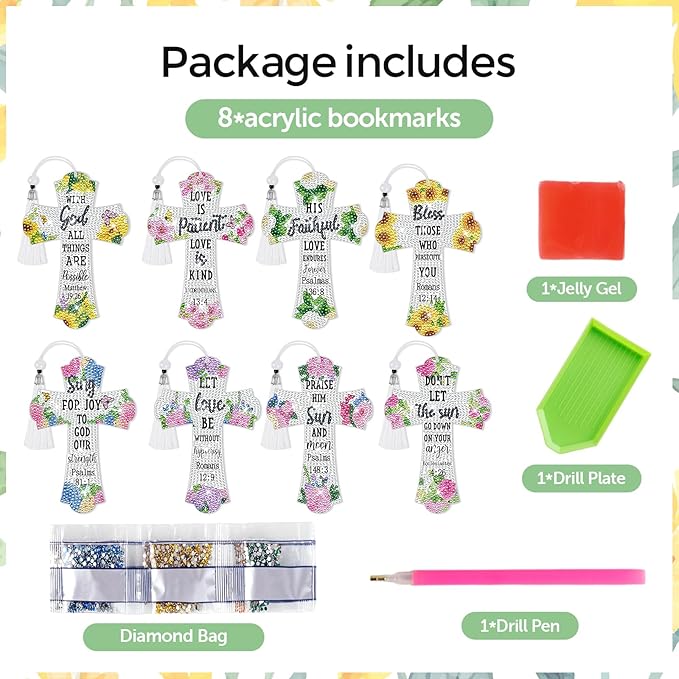 8 Pieces Christian Bible Verse Diamond Art Bookmarks 5d Christian Beaded Bookmark Acrylic Tassel Bookmark for DIY Making Beginners Kids Adults Arts Craft Supplies (Floral)