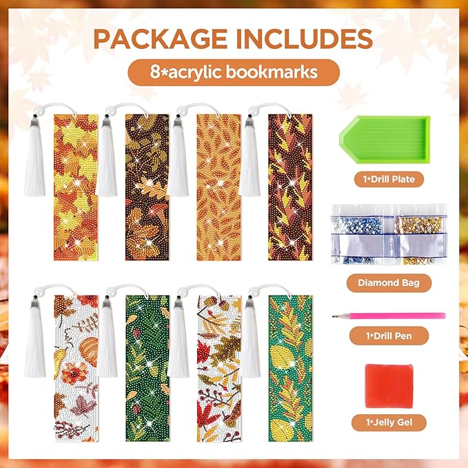 8 Pieces Fall Diamond Art Bookmarks 5d Maple Leaves Bookmark Acrylic Tassel Bookmark for DIY Making Beginners Kids Adults Arts Craft Supplies (Fall)
