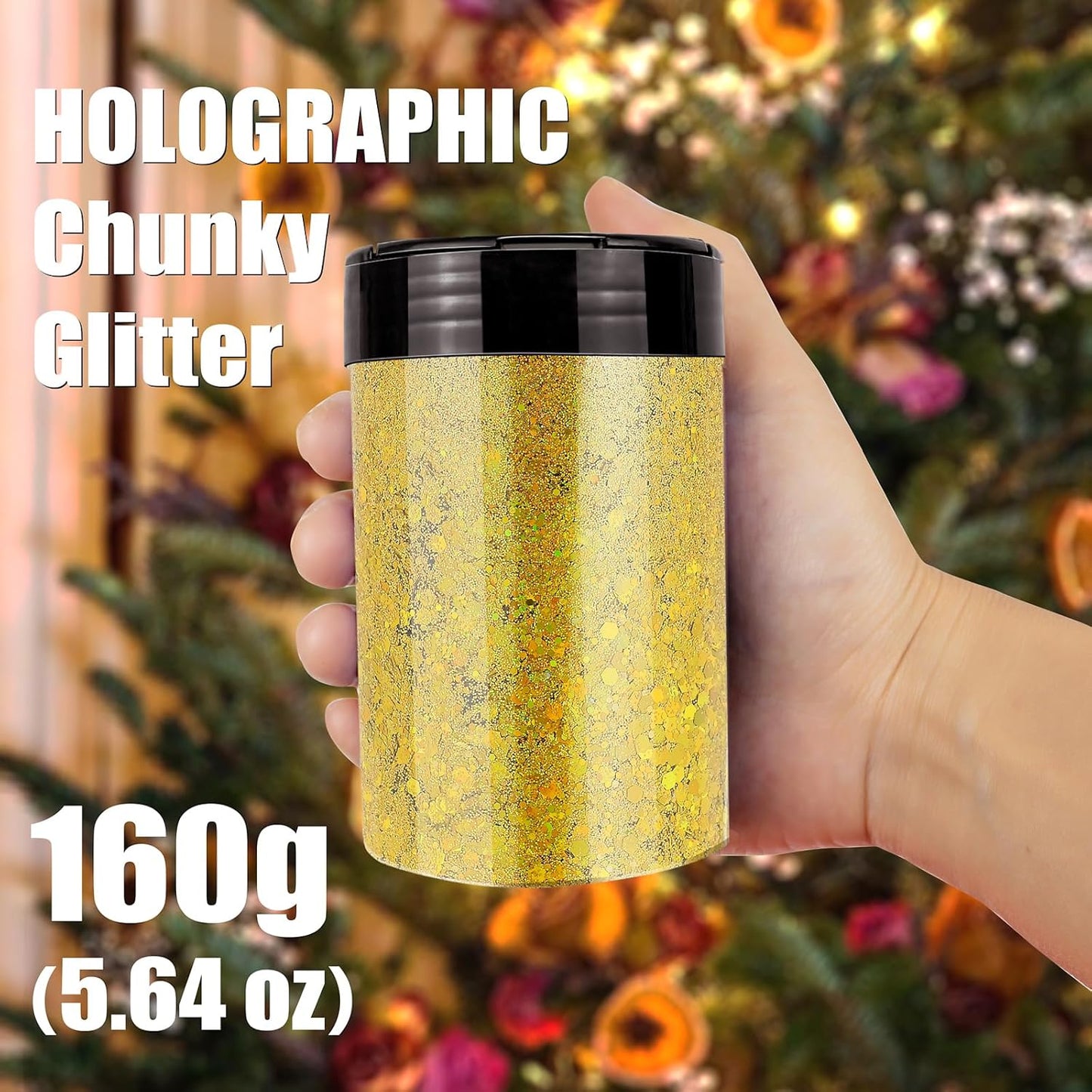 Estanoite Holographic Chunky Glitter, 160G/5.64OZ Craft Glitter for Resin, Metallic Iridescent Chunky Glitter Sequin Flake, Cosmetic Glitter for Makeup Body Nail Face Eye, Glitter Tumbler (Gold)
