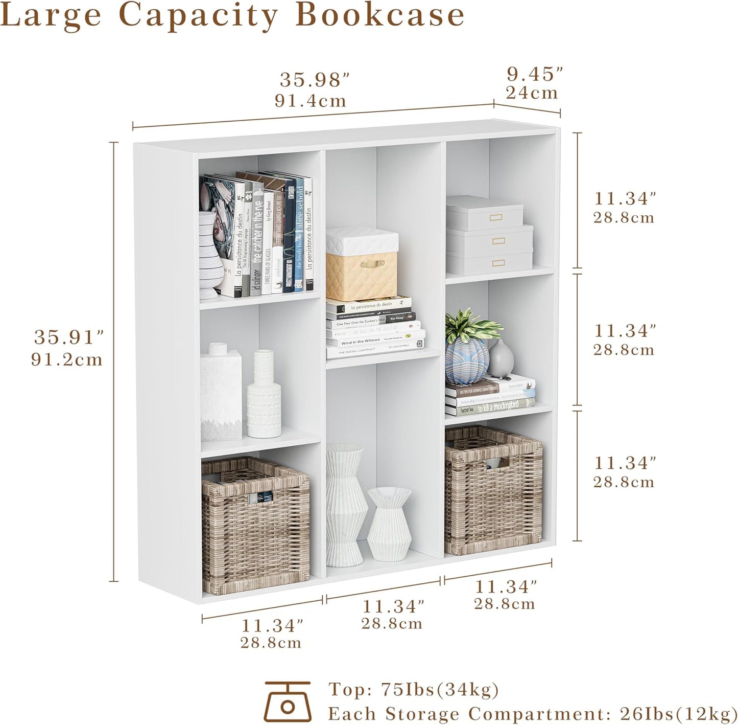 Wooden Cube Storage Organizer with Closed Back Panel, 11in Cube Shelf Opening, Bookshelf, Display Shelf,Closet Cabinet for Home and Office (Embossed White, 8-Cube 35.98L*9.45W*35.91H)