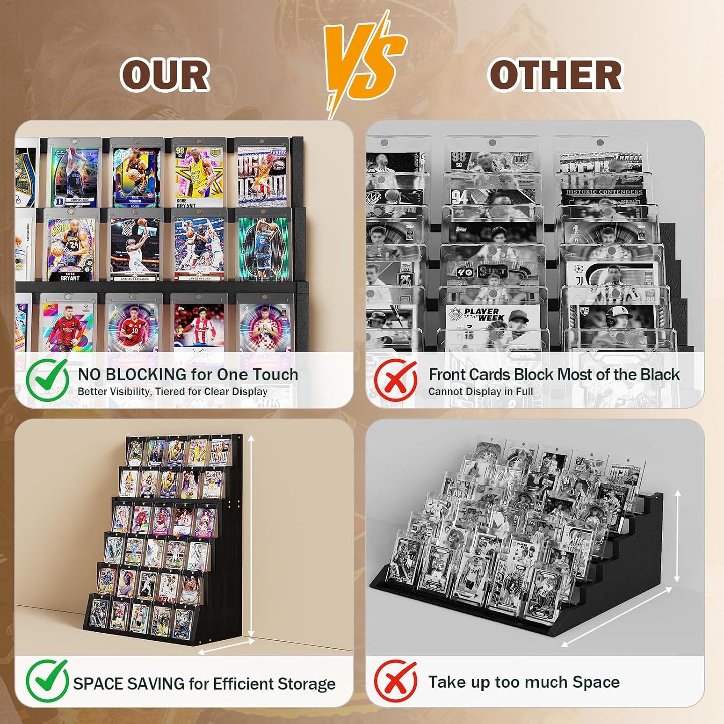 Emfogo Card Display Stand, 6-Tier Trading Card Display, Wood Detachable Graded Card Display with Top Storage, High Capacity Trading Card Display Stand for Collection & Show (Black)