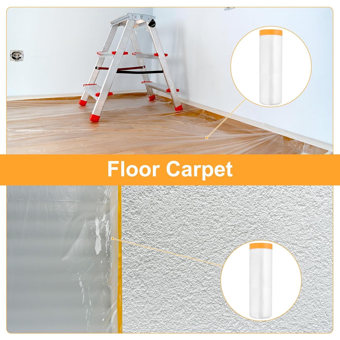 uxcell 2 Rolls Painters Plastic with Tape, 12 x 52 Ft Pre-Taped Masking Film Tape and Plastic Film Paint Plastic Covering Roll for Covering Skirting, Frames and Auto Body, Yellow/Clear