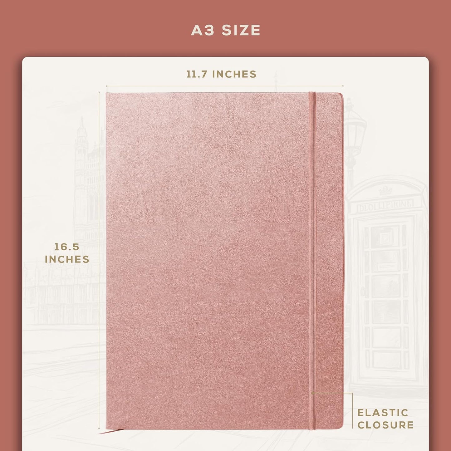 Beechmore Books A3 Sketchbook – 11.7x16.5 Premium Vegan Leather Bound Extra Large Sketch Book Hardcover, 160gsm 160 Perforated Ivory Pages, Blank Sketch Pad, Gift Boxed, Back Pocket, Ribbon Bookmark