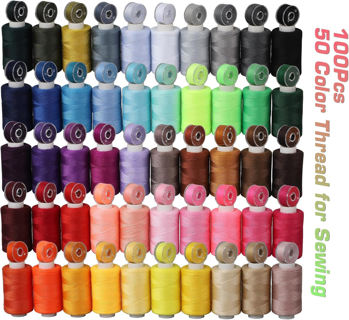 Blibly 100pcs Bobbins Sewing Threads Kit, 500 Yard Polyester Threads, Prewound Bobbins with Case, 50 Colors