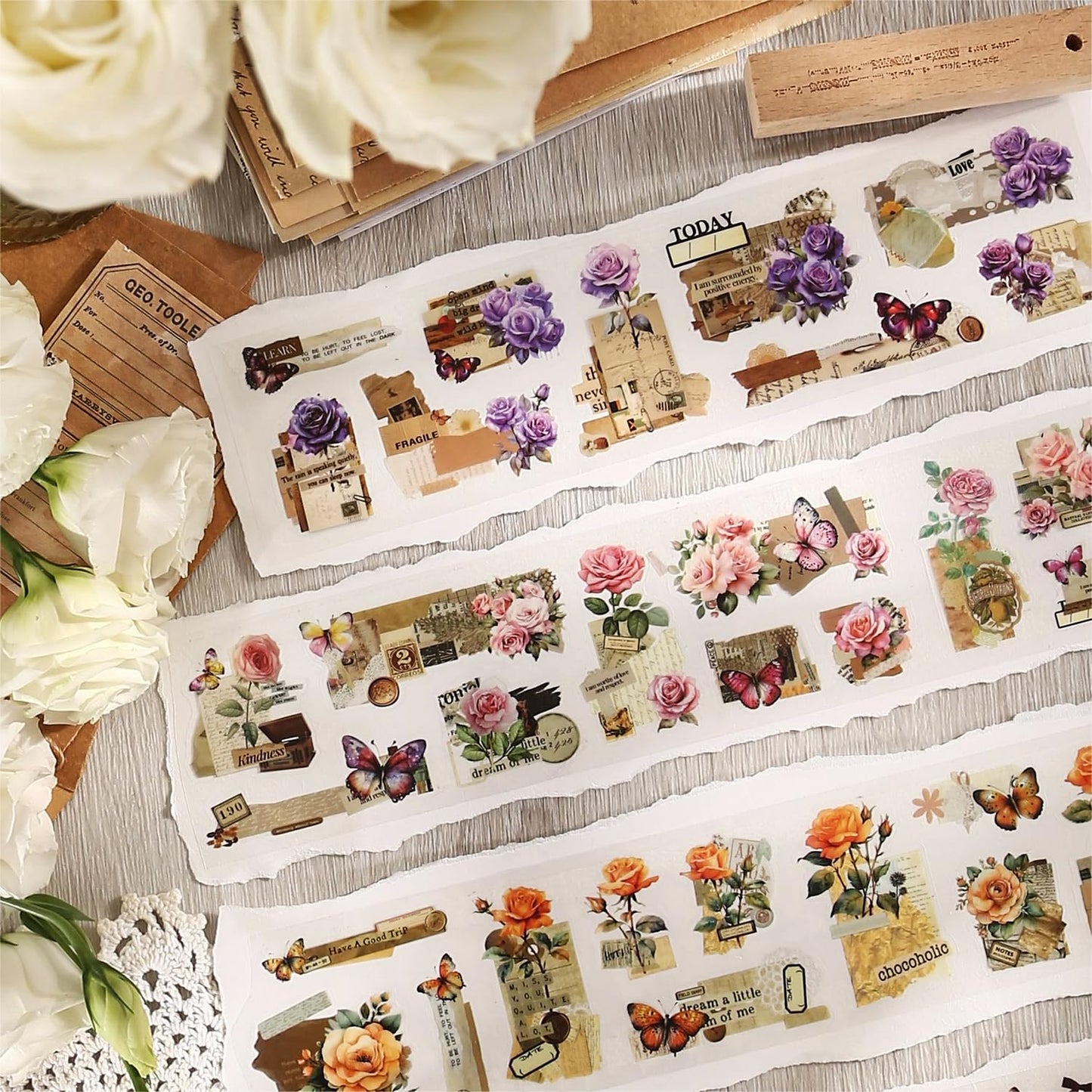 6Pcs Floral PET Tapes, Vintage Pre-Cut Tapes for Journaling, Scrapbooking, and Junk Journal Supplies, with Decorative Clip