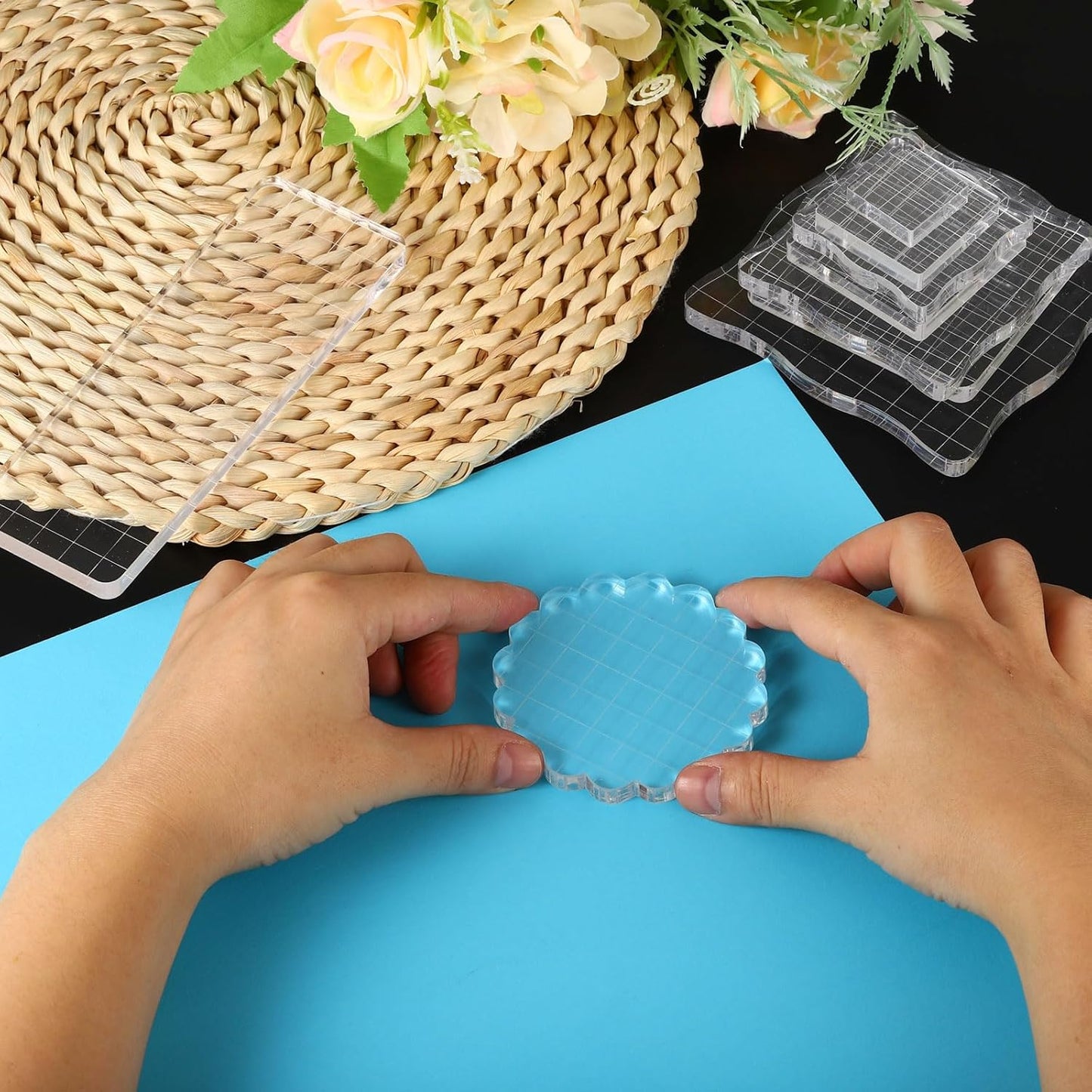 PATIKIL 5" x 3.5" Acrylic Stamp Block, Clear Stamping Block with Grid Lines Decorative Mounting Blocks Square for Scrapbooking DIY Crafts Card Making