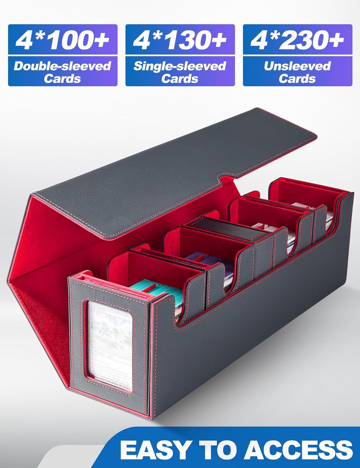 Card Deck Box for MTG with Commander Display, 5 in 1 Card Deck Case Holds 800+ Unsleeved Cards, Strong Magnet Organizer Compatible with Yugioh TCG Sports Cards (Black&Red)