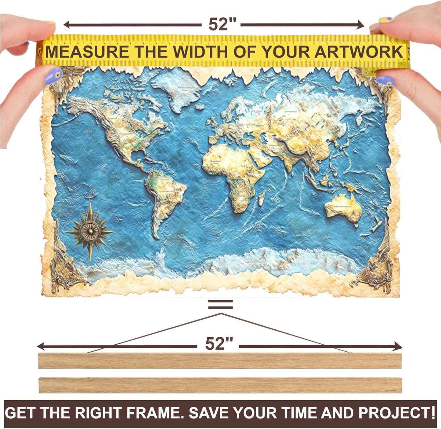 DACRI HOME 52" Magnetic Poster Hanger Frame - Sturdy Teak Wood Poster Frame 52x20 52x32 52x36, Strong Magnets for Easy Hanging Map Picture Canvas Print Scroll Wall Art (52 Inch, Natural Wood)