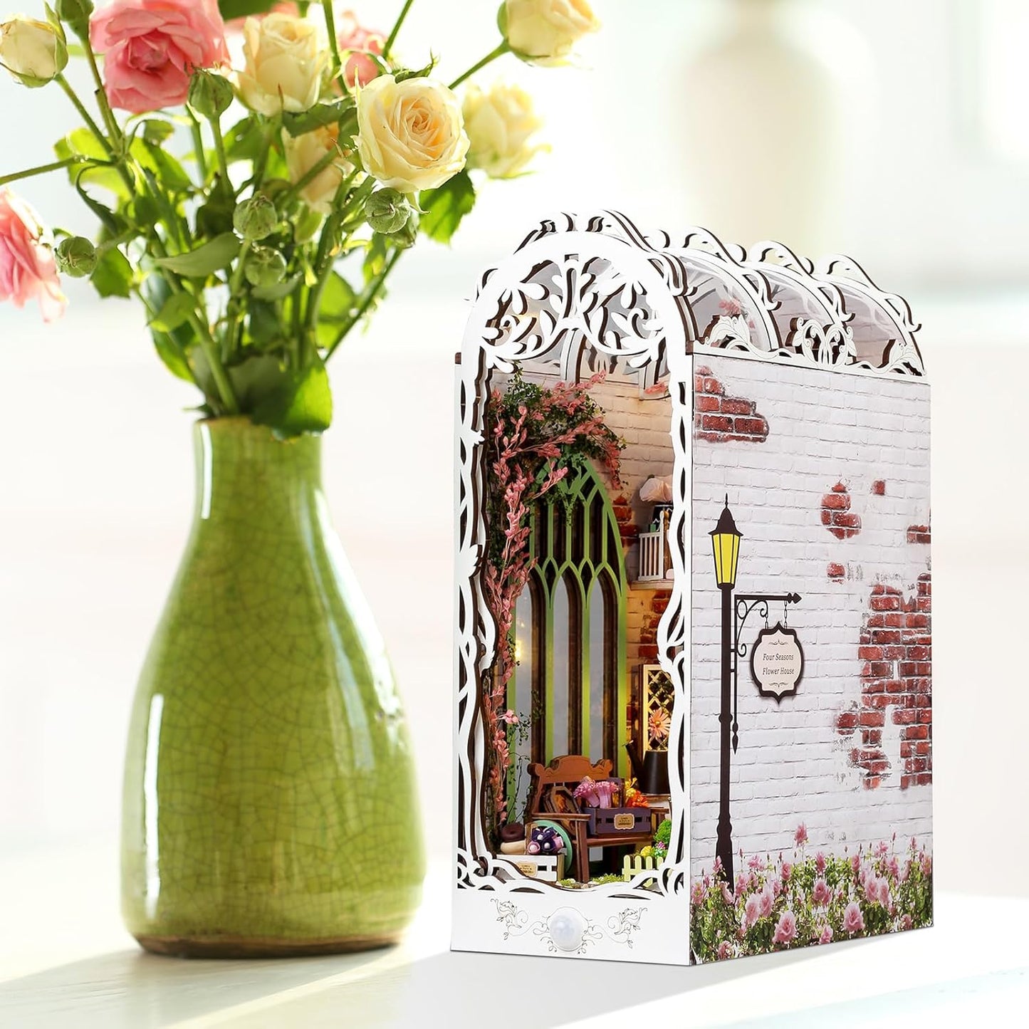 Book Nook Kit - DIY Miniature Dollhouse Kits for Adults, Booknook Bookshelf Insert with LED Light, 3D Wooden Puzzle Bookend Insert, Hobbies Gifts for Family and Friends, Flower House