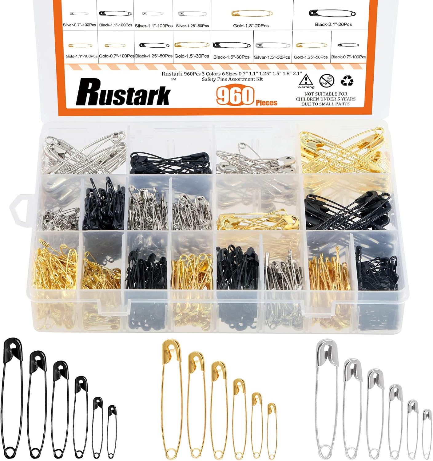 960Pcs Safety Pins Assorted 6 Sizes Variety Pack Large and Small Metal Safety Pin Gold Silver Black for Clothing Art Crafts Sewing Quilting Jewelry Making