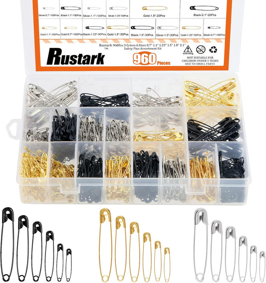 960Pcs Safety Pins Assorted 6 Sizes Variety Pack Large and Small Metal Safety Pin Gold Silver Black for Clothing Art Crafts Sewing Quilting Jewelry Making