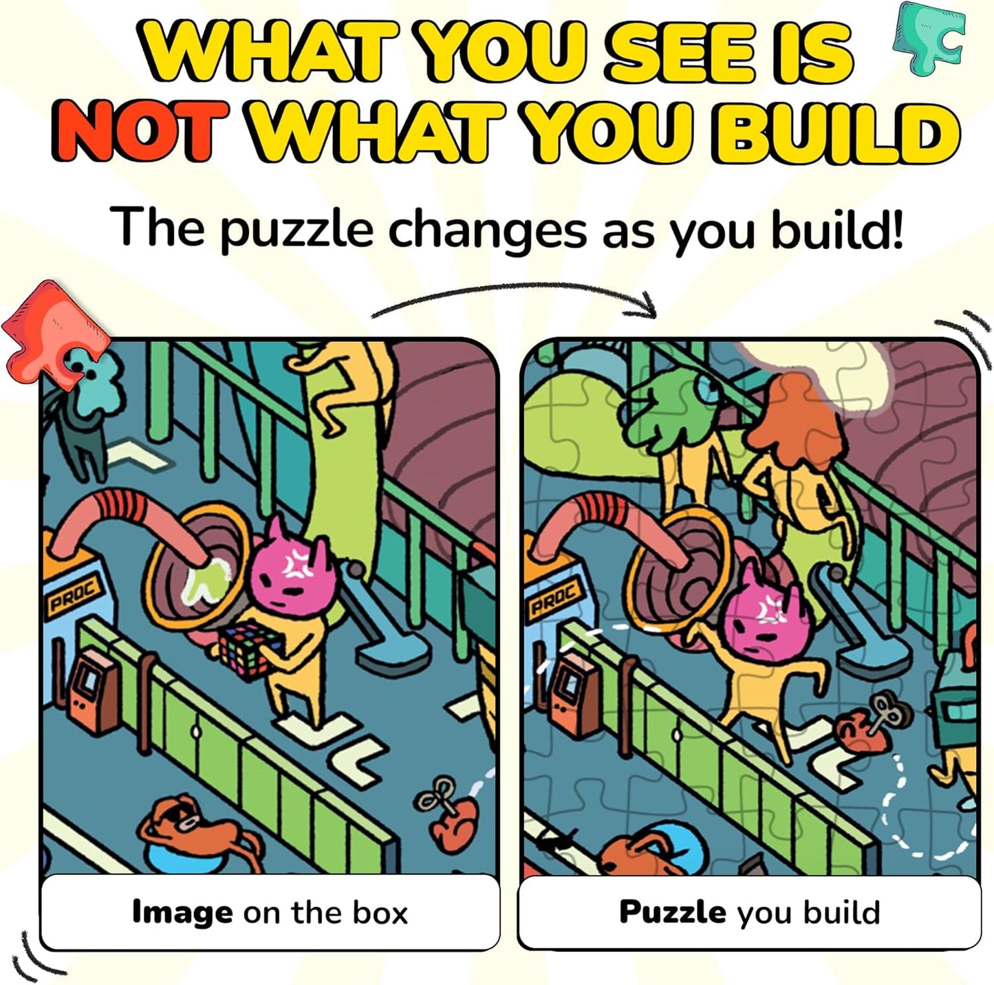 Odd Pieces Jigsaw Puzzles 1000 Pieces - Magic Mystery Story Secret Ending Puzzle - Perfect Game Night for Adults & Kids - Funny Space Cartoon Theme (AstroGastro)