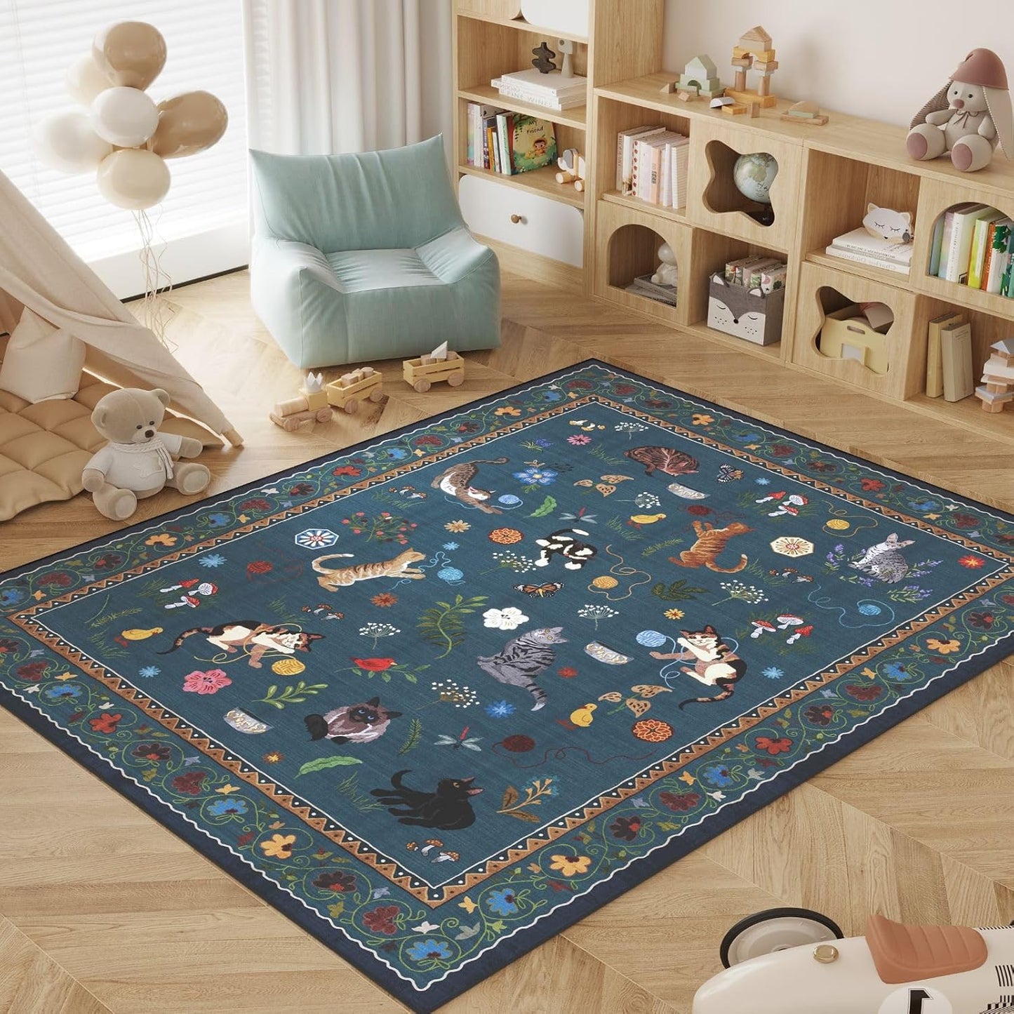 Rugcomf Bedroom Rug 3x5 Rug Washable Area Rug Non Slip Low Pile Boho Floral Animal Cat Small Carpet for Bedside Kitchen Entryway Kids Room Office College Dorm Essentials for Girls, Pearl Gentian Blue