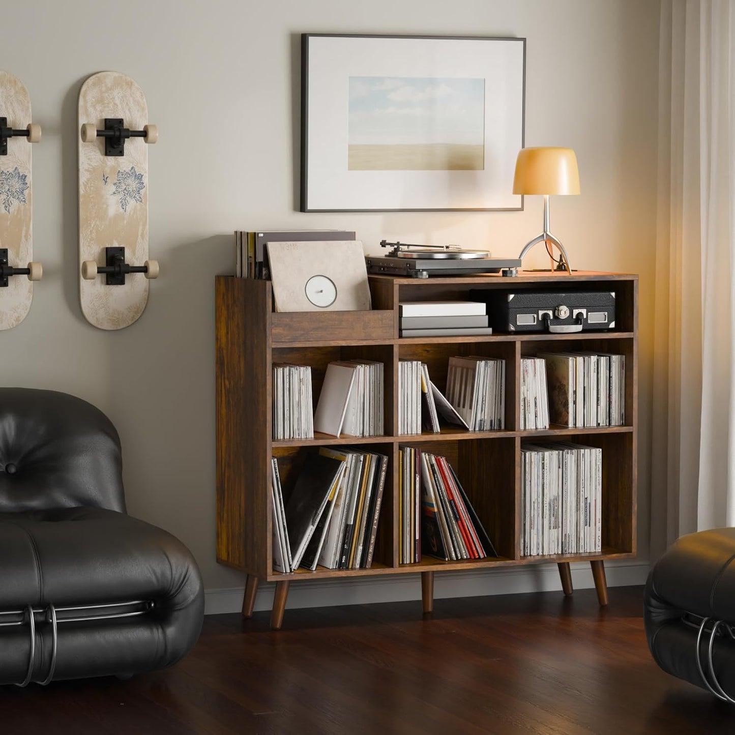 Cozy Castle Large Record Player Stand, Vinyl Storage Cabinet Mid Century Modern Turntable Stand Media Console Table Open Shelf Cube CD Album Holder Organizer for Living Room, Office, Rustic Brown