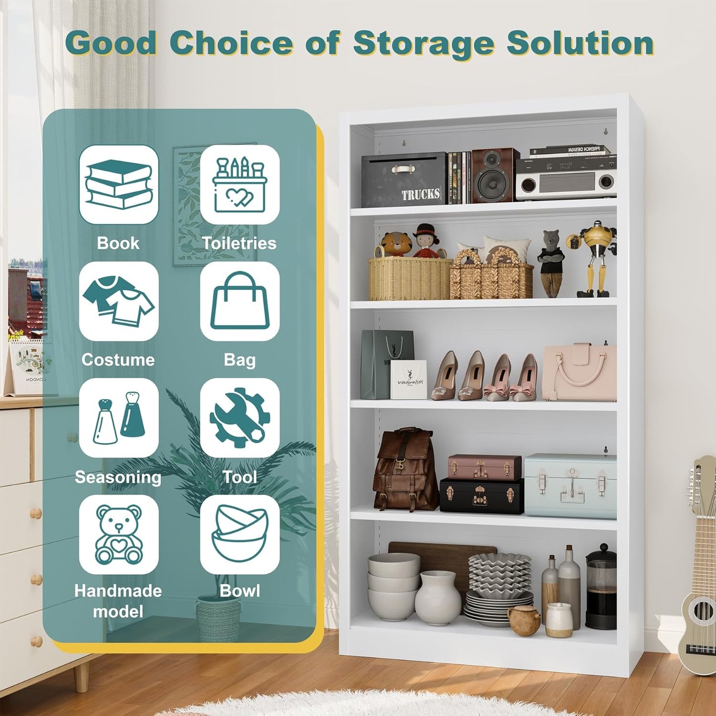 66"Heavy-Duty Steel Open Storage Cabinet with Adjustable Shelves, 6-Tier Shelving Unit, Easy Assembly Freestanding Organizer for Garage, Pantry,Office, Living Room (White, 5 Tier-66"Hx 33"W x14"D)