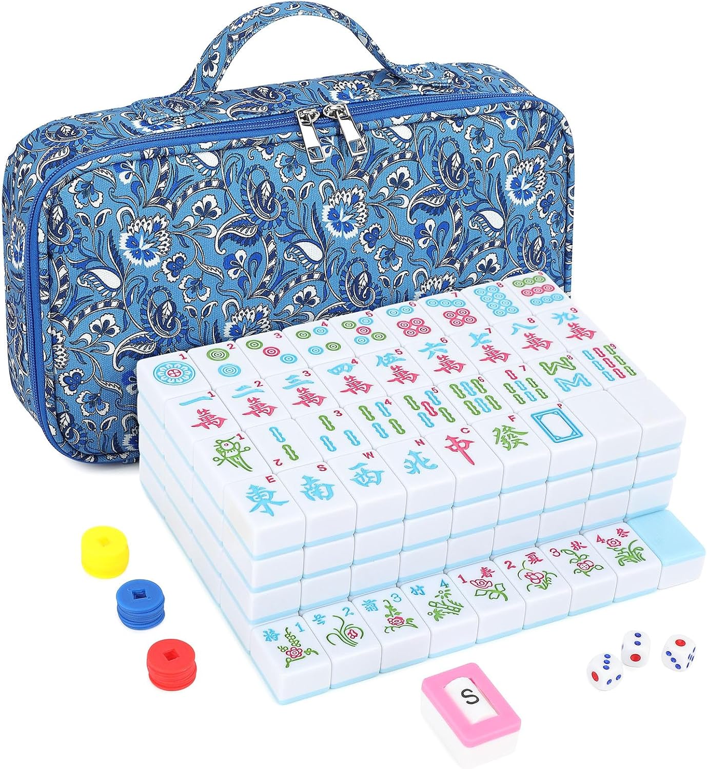 Chinese Mahjong Game Set 146 Qulity Mahjong Blue Tiles 1.4-inch Chinese Mahjong Game Set with Blue Printed Carrying Bag