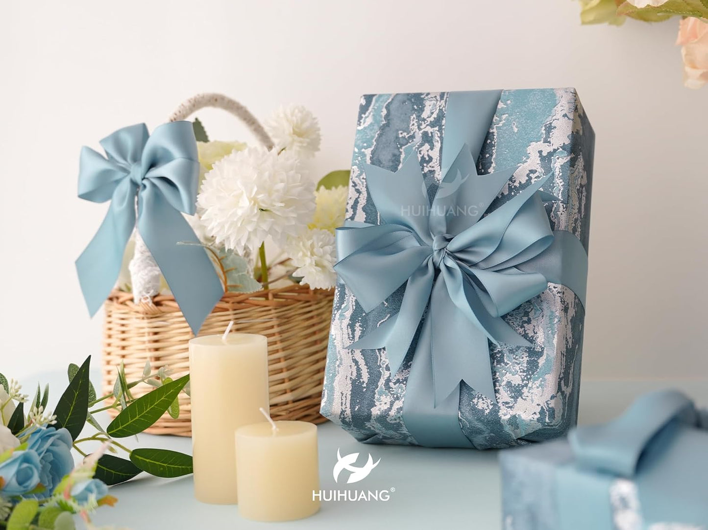 HUIHUANG Blue Satin Ribbon 1-1/2 inch x 100 Yards Dusty Blue Double-Faced Satin Ribbon for Flower Bouquet, Gift Wrapping, Eternal Roses, DIY Crafts, Bridal Shower Wedding Decor