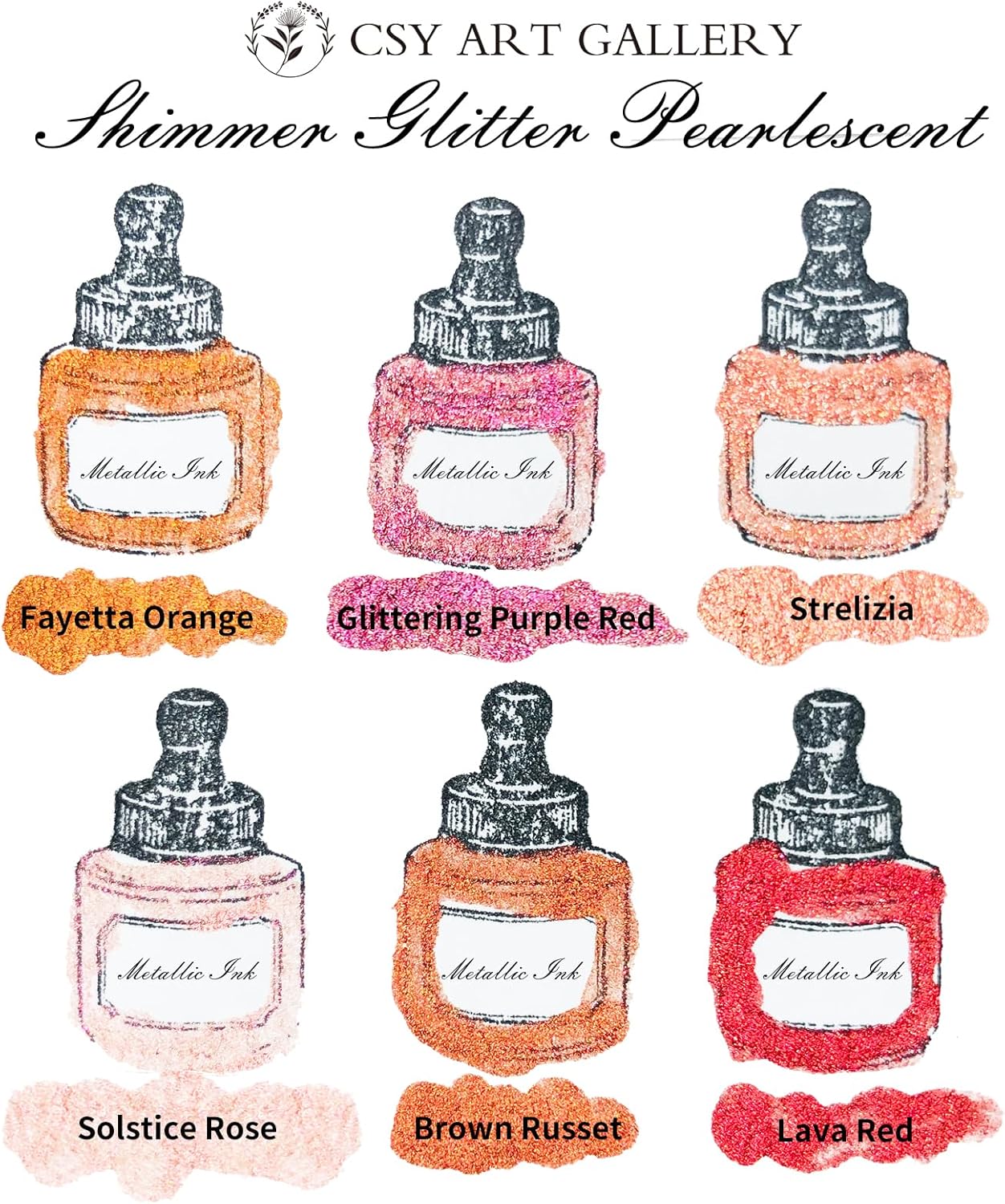 CSY art gallery Pearlescent Acrylic Inks Bottle with Dropper, 1oz - 29.5 ml Set of 6PCS Bronze Gold Red Liquid Drawing Ink for Calligraphy,Wood, Scrapbook Journals, Photo Albums (Saturn Twinkles Set)