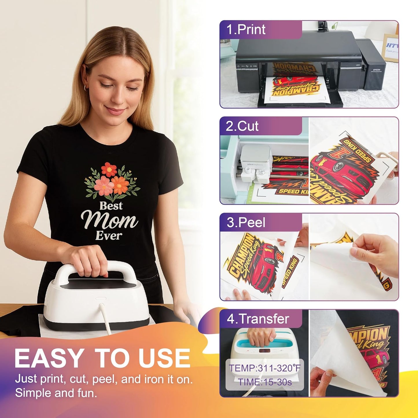 HTVJOYDO Iron-On Heat Transfer Paper for T-Shirts, 25 Sheets 8.5x11", Iron on Vinyl for Dark Fabric, Printable Heat Transfer Vinyl for Inkjet Printer, Perfect for Summer Crafts