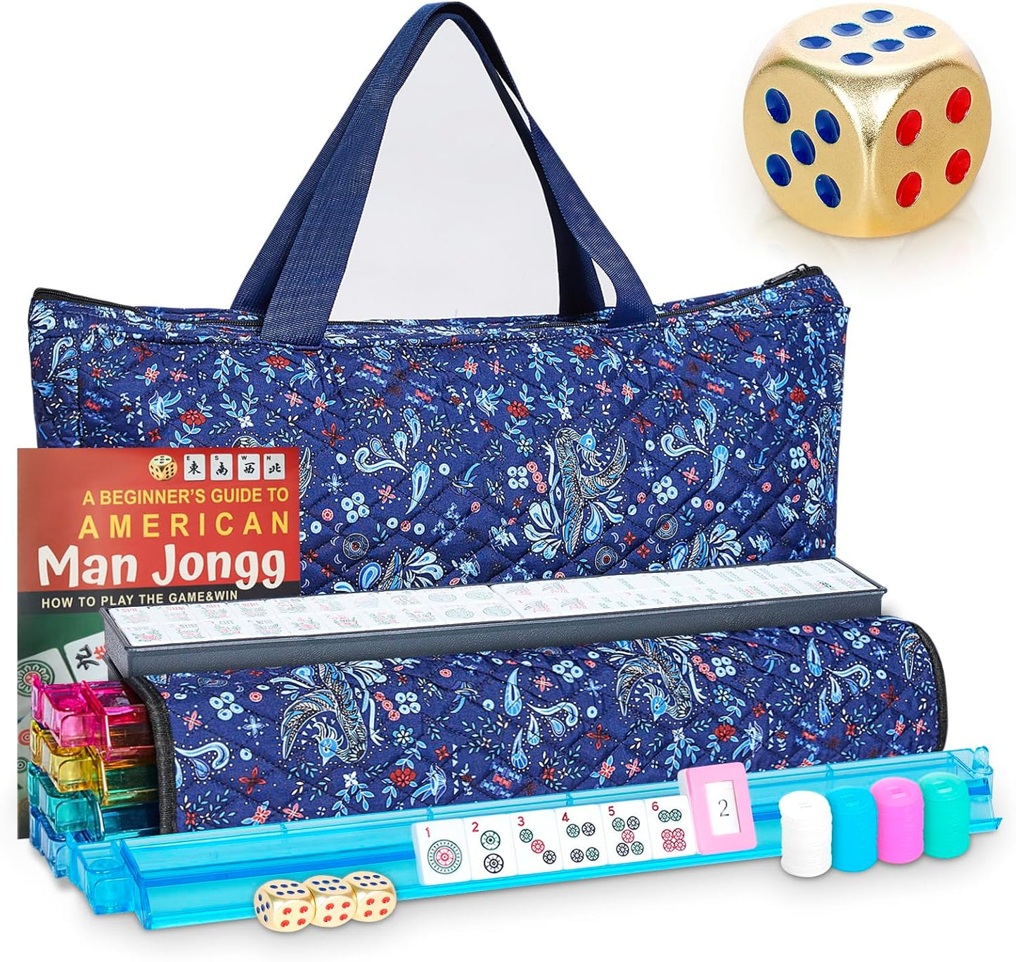 New American Mahjong Game Set, 166 Premium White Tiles with Portable Metal Dices, 4 All-in-One Racks with Pushers, Mah-Jong Games Sets, Ma Jong Tile Game (Blue)