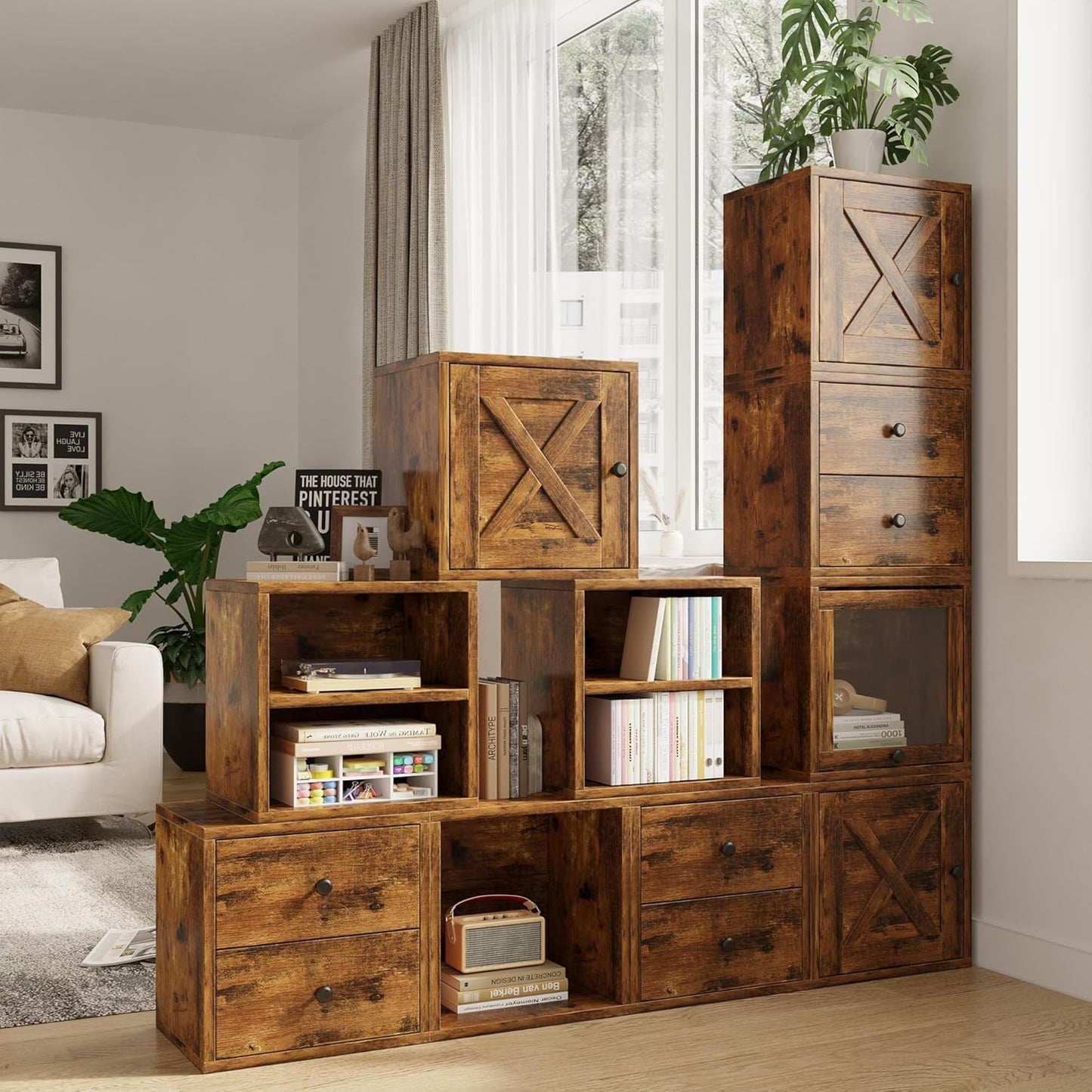 FUSUNBAO Magic DIY Cube Storage Organizer Stackable Cubes for Home Books Clothes Toy-Modular Cubby Storage System-Office Cubical-Bookcase Closet (Antique Brown, General Cube)