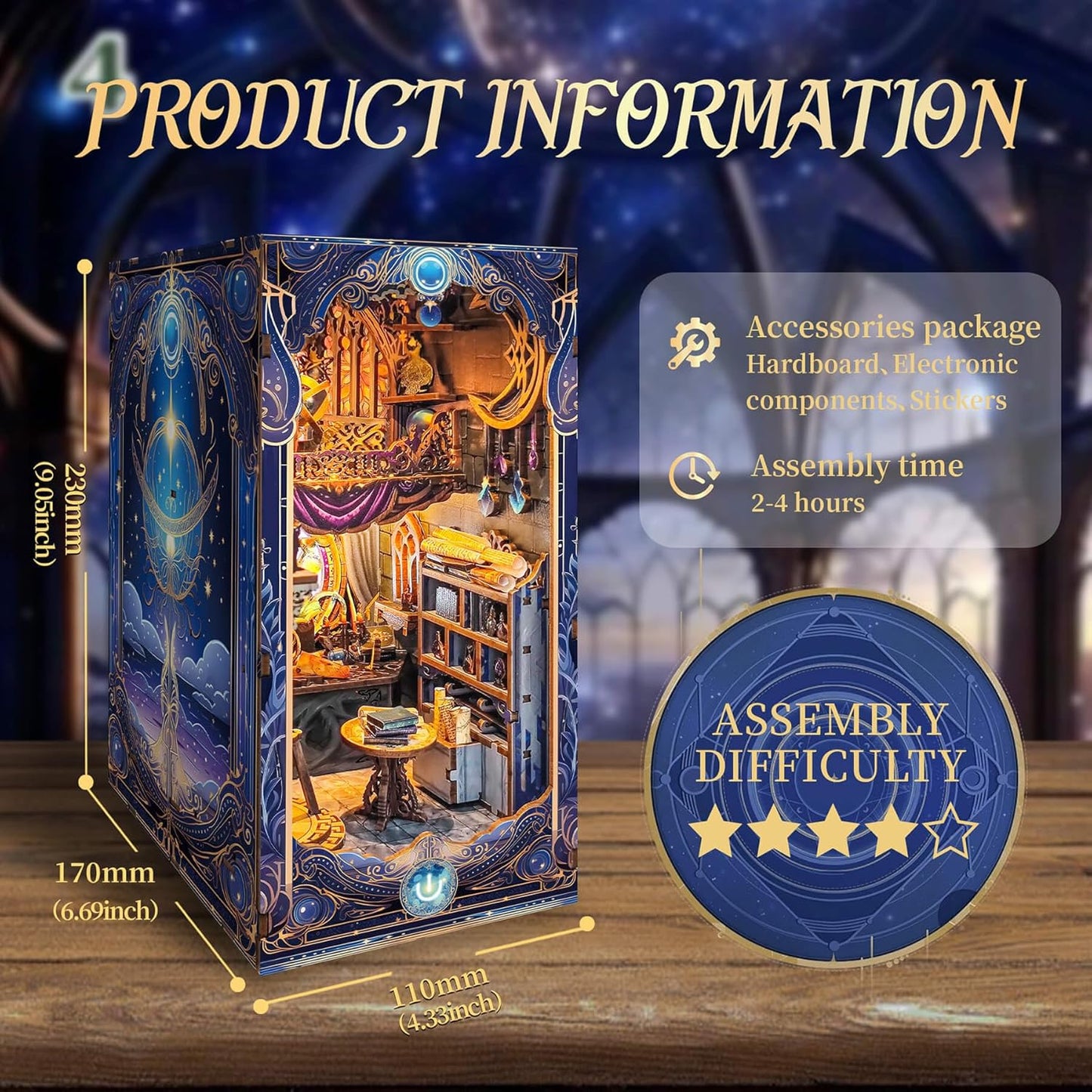 DIY Book Nook Kit, Miniature Dollhouse Booknook Kit, 3D Wooden Puzzle Bookend Bookshelf Insert Decor Diorama Kit with LED Light for Teens and Adults (Star Map Secrets)