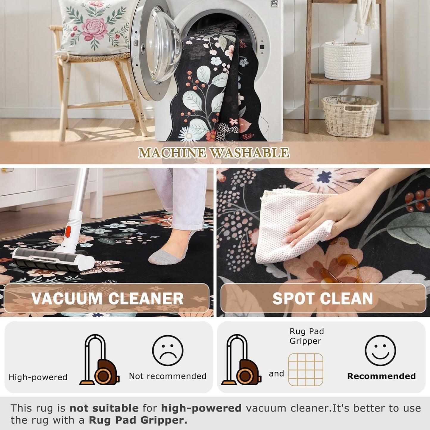 Beeiva Washable Rugs 8x10 for Living Room - Scalloped Floral Printed Soft Non Slip 8 x 10 Area Rug for Dining Room Boho Flower Ultra-Thin Aesthetic Carpet for Kids Room Dorm Office(Black,8x10ft)