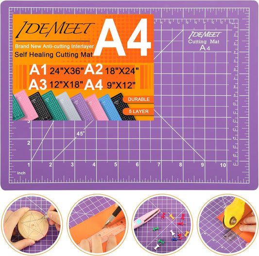 Density-upgraded 9"x12" Self Healing Cutting Mat, Idemeet Rotary Sewing Mat for Crafts, 5-Ply Blade Table Protector Cut Board for Fabric Leather Cutting Quilting Modeling Hobby Project, A4, Purple