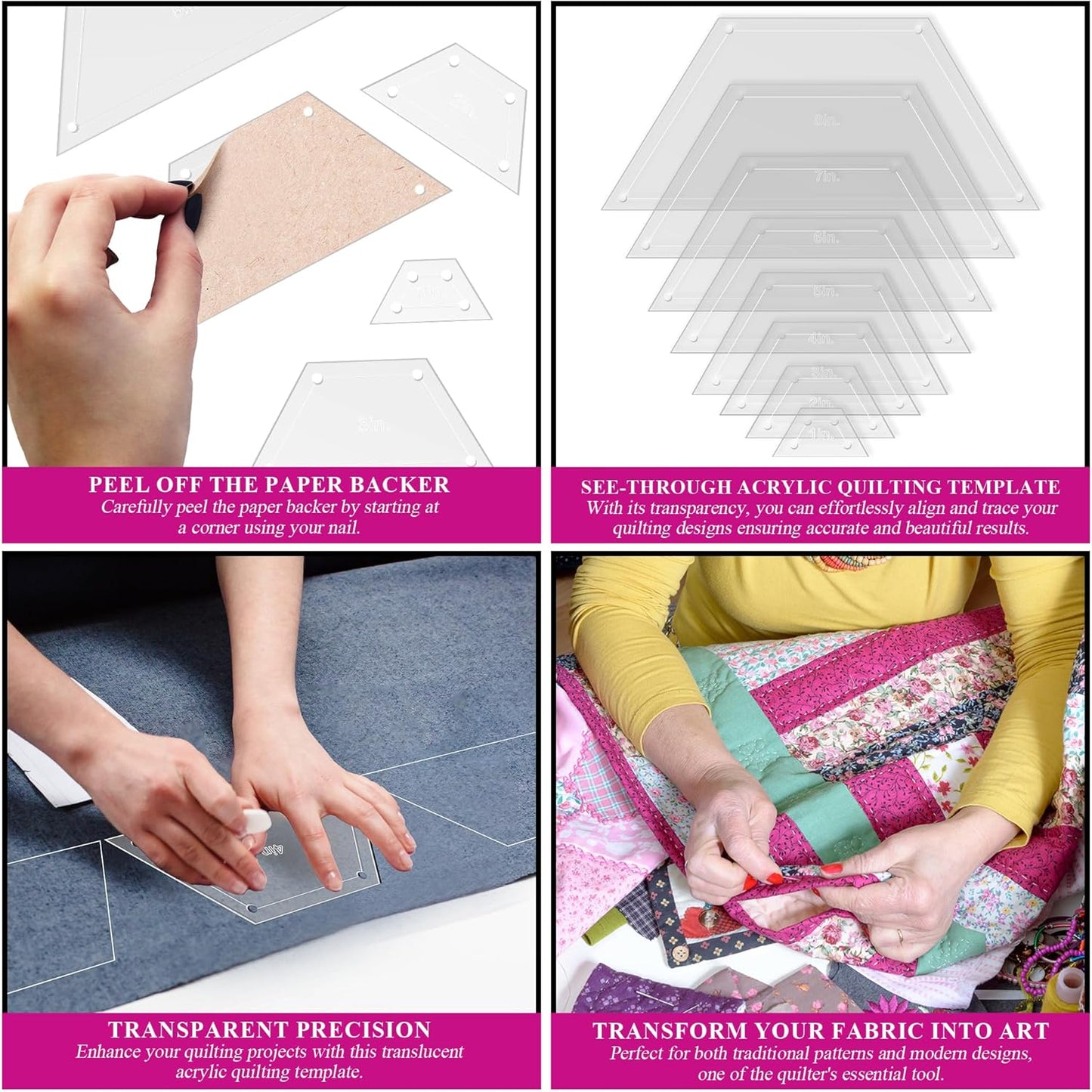 Hexagon Quilting Template Set - 8", 7", 6", 5", 4", 3", 2", 1" Sizes with 1/4" Seam Allowance - Durable Acrylic Templates for Quilting, Patchwork, Crafting, & Sewing Projects