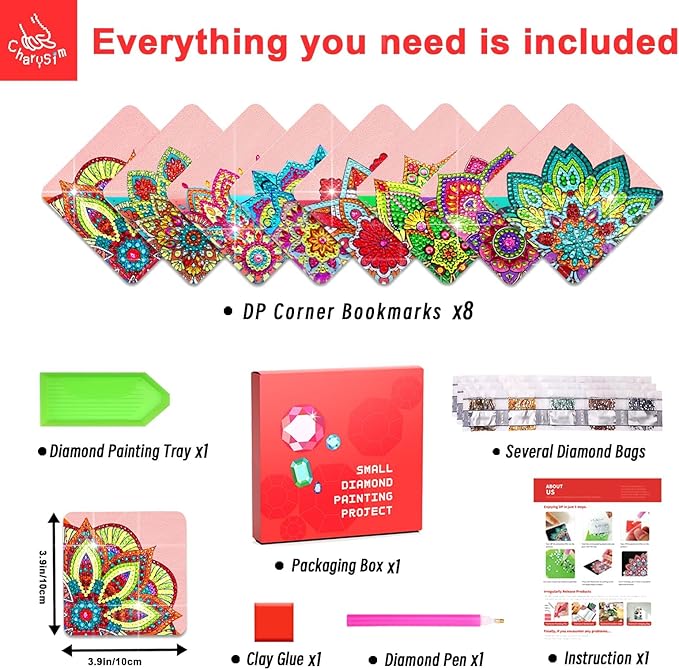 8 PCs Diamond Art Corner Bookmarks Leather Dimond Painting Book Mark Kit for Adults Paint by Dots Bookmarkers Craft DIY Gem Small Dotz Gifts for Women Mandala Flower Pink Lotus